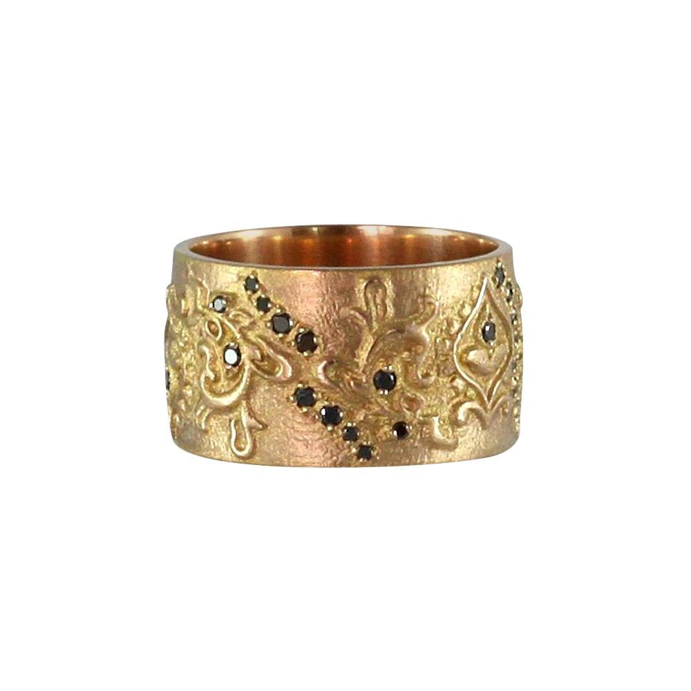 Luca Jouel Black Diamond Floral Cigar Band Ring in 18 Carat Rose Gold For Sale