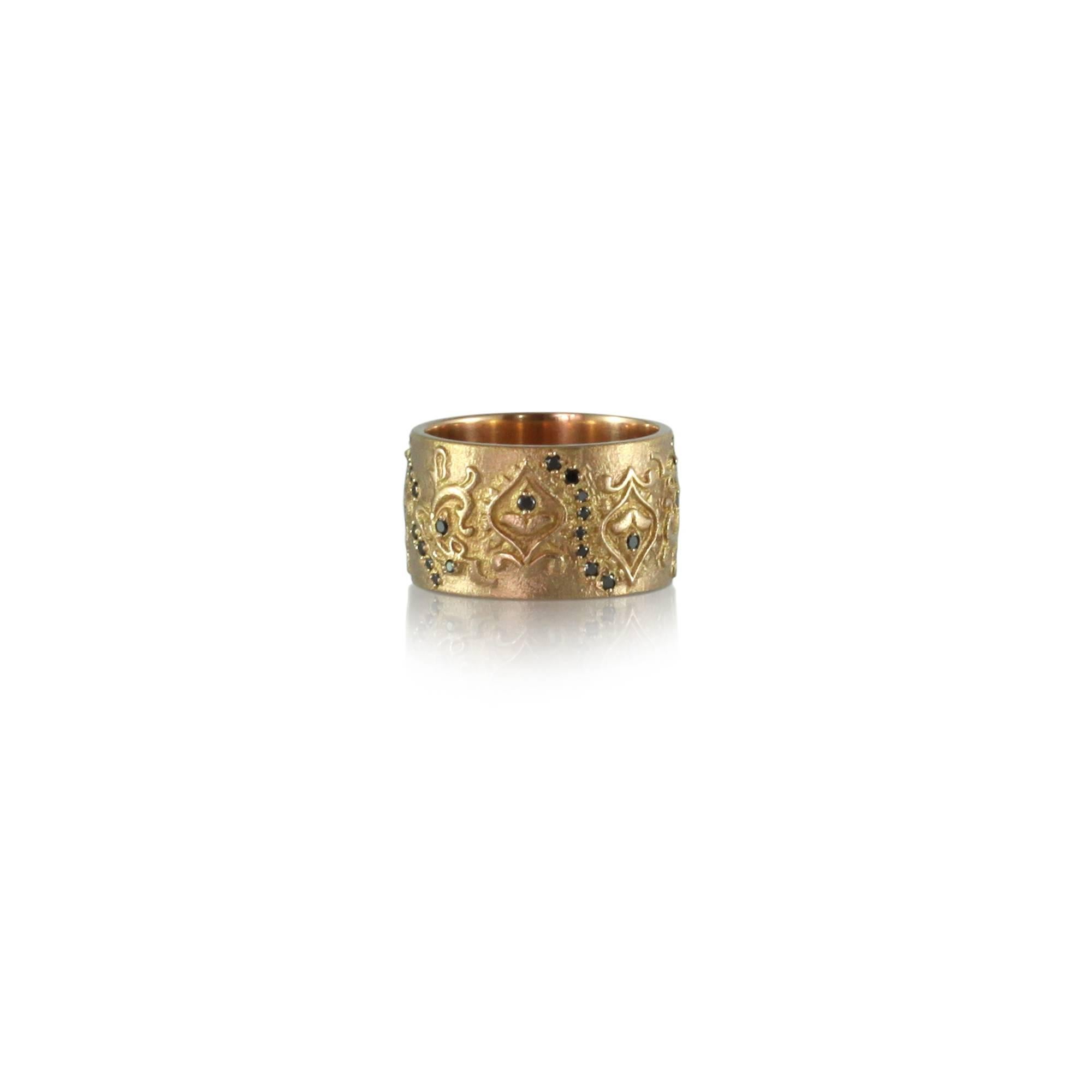 Contemporary Luca Jouel Black Diamond Floral Cigar Band Ring in 18 Carat Rose Gold For Sale