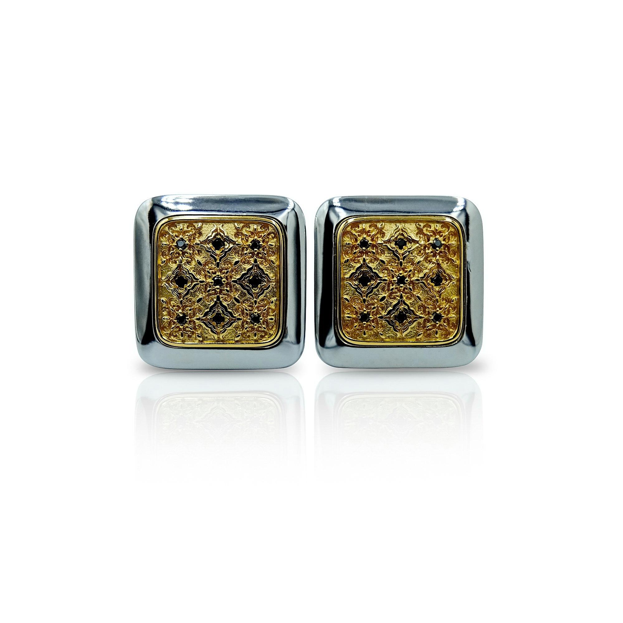Contemporary Luca Jouel Black Diamond Square Floral Cufflinks in Yellow Gold and Silver
