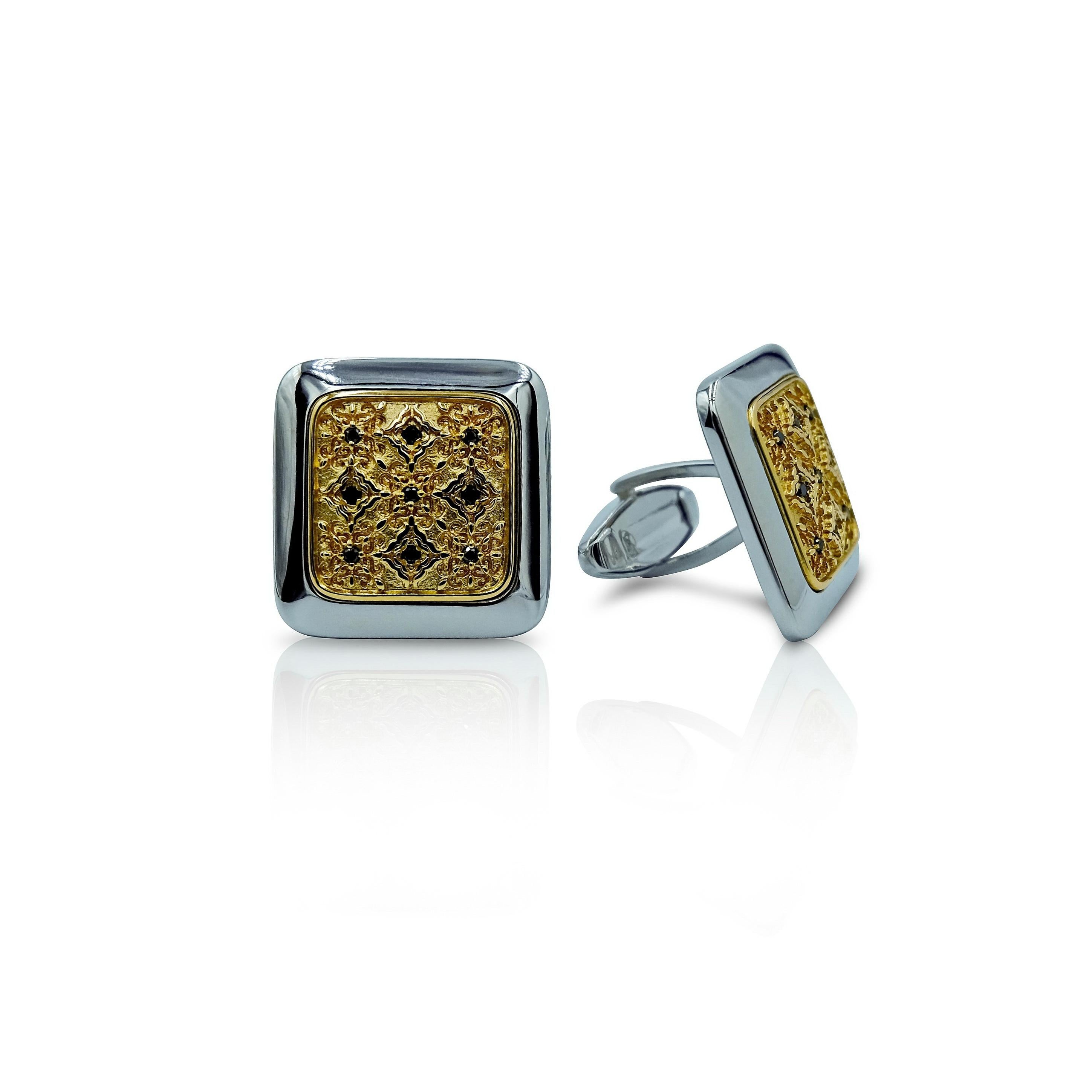 Luca Jouel Black Diamond Square Floral Cufflinks in Yellow Gold and Silver In New Condition In South Perth, AU
