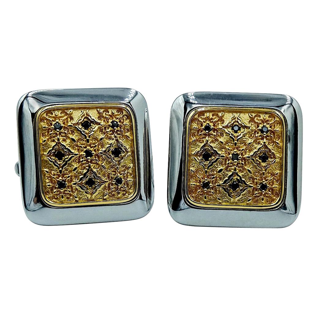 Luca Jouel Black Diamond Square Floral Cufflinks in Yellow Gold and Silver
