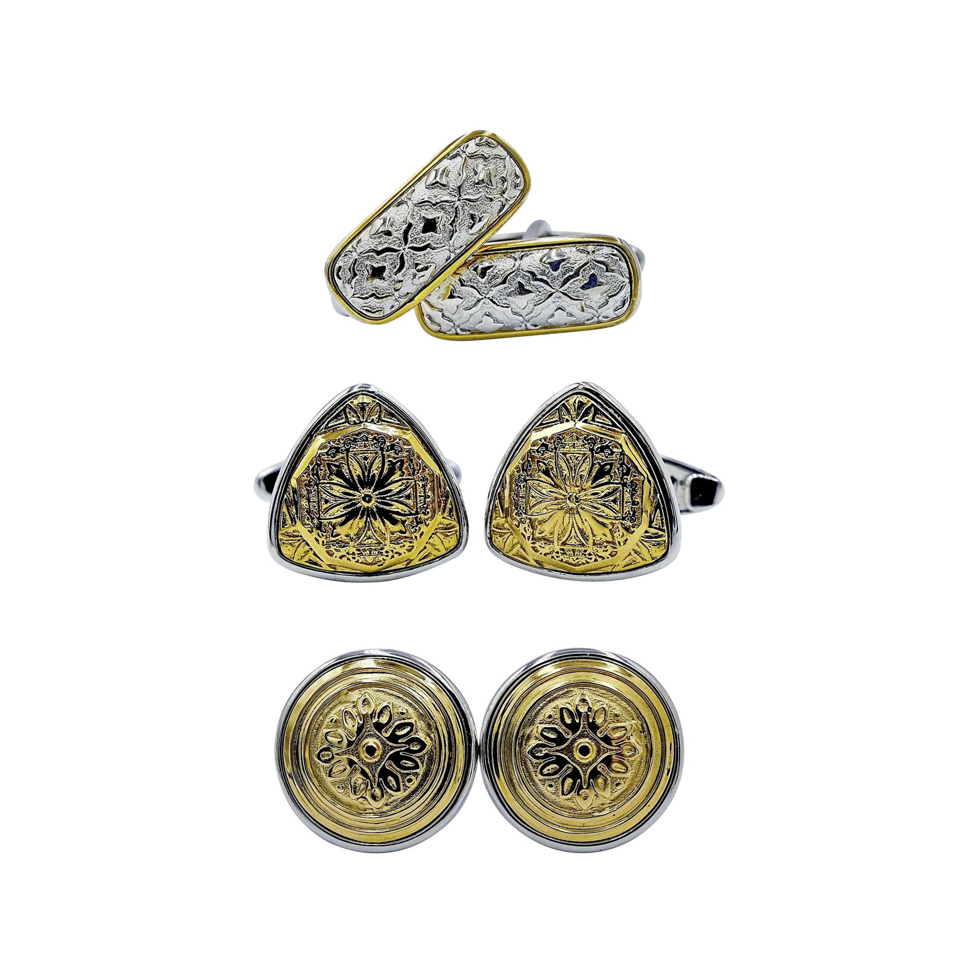 Luca Jouel Decorative Cufflinks Trio in Yellow Gold and Silver For Sale