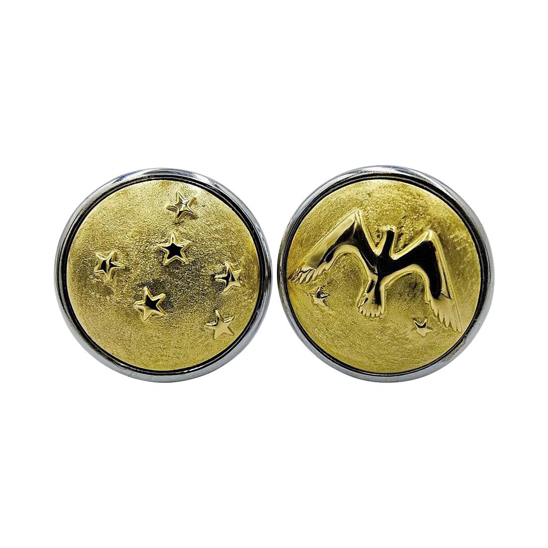 Luca Jouel Decorative Eagle and Stars Cufflinks in Yellow Gold and Silver