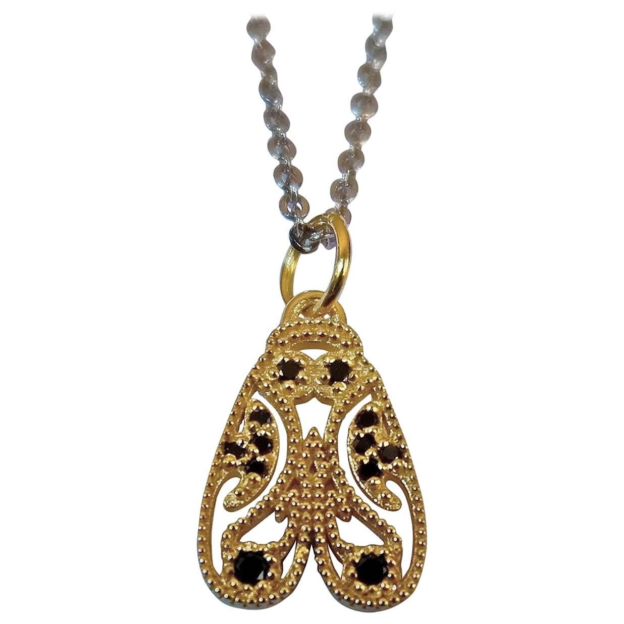 Contemporary Luca Jouel Gold, Palladium and Black Diamond Deco Moth Necklace