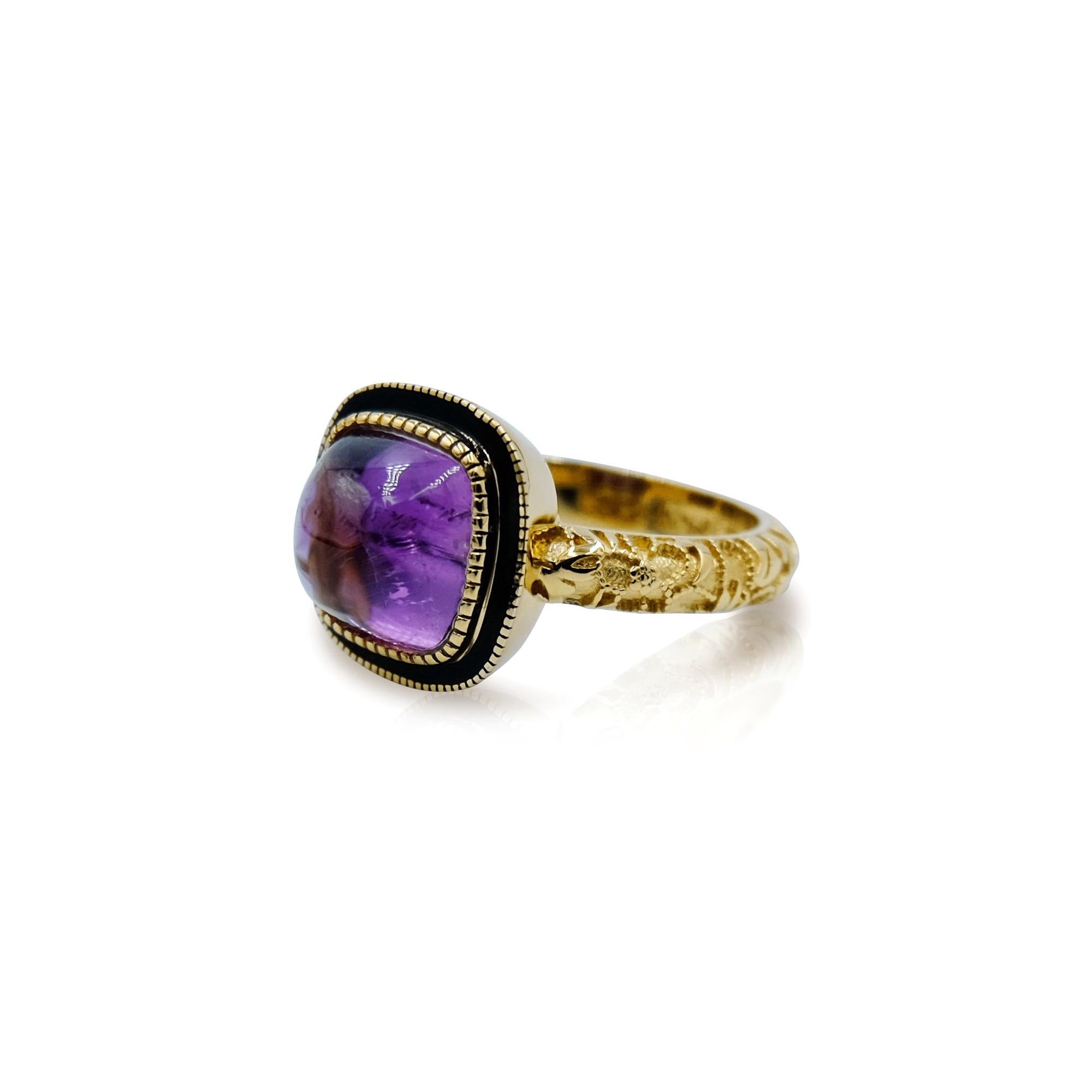 Contemporary Luca Jouel Ornate Pink Tourmaline Cabochon Deco Style Ring in Yellow Gold For Sale