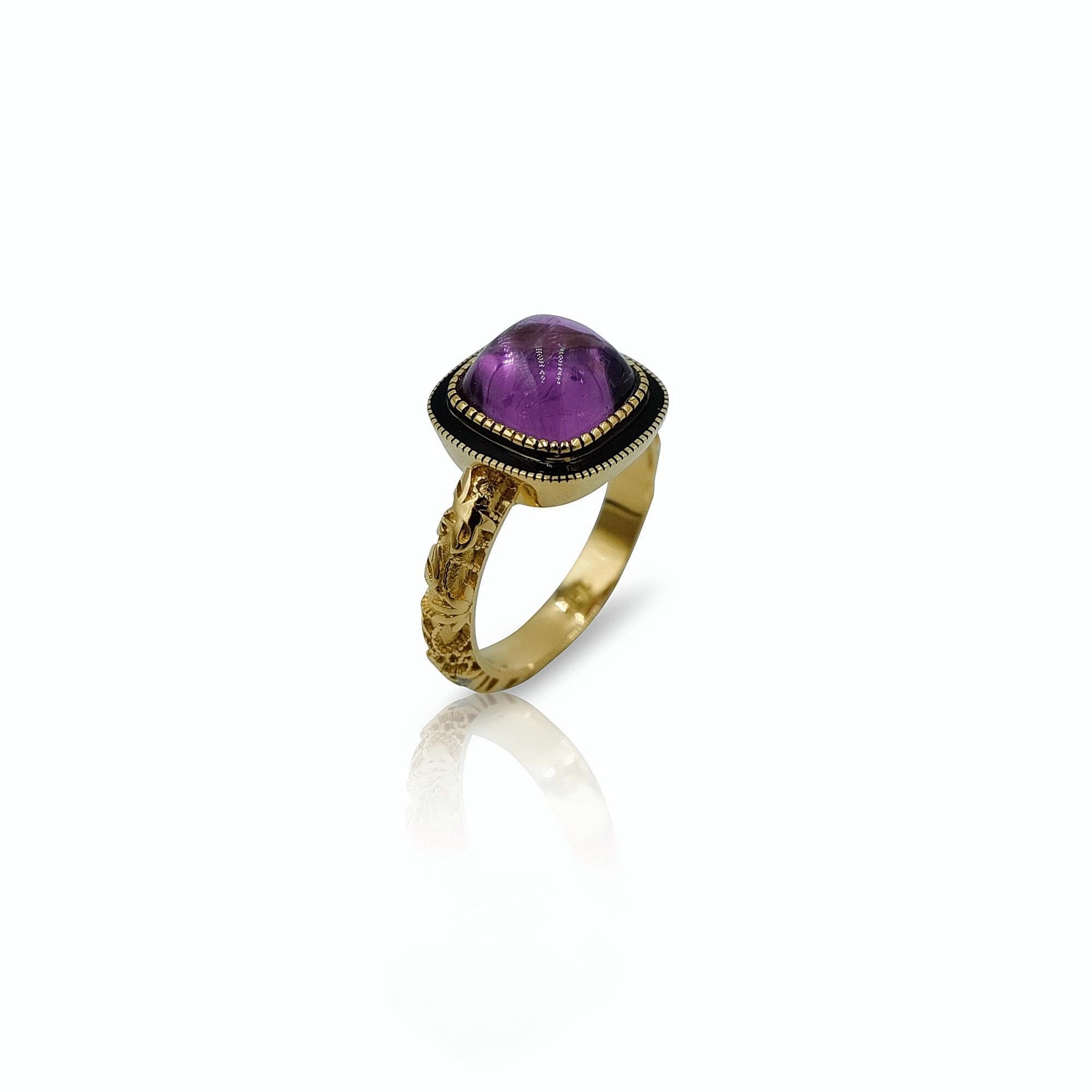 Women's Luca Jouel Ornate Pink Tourmaline Cabochon Deco Style Ring in Yellow Gold For Sale