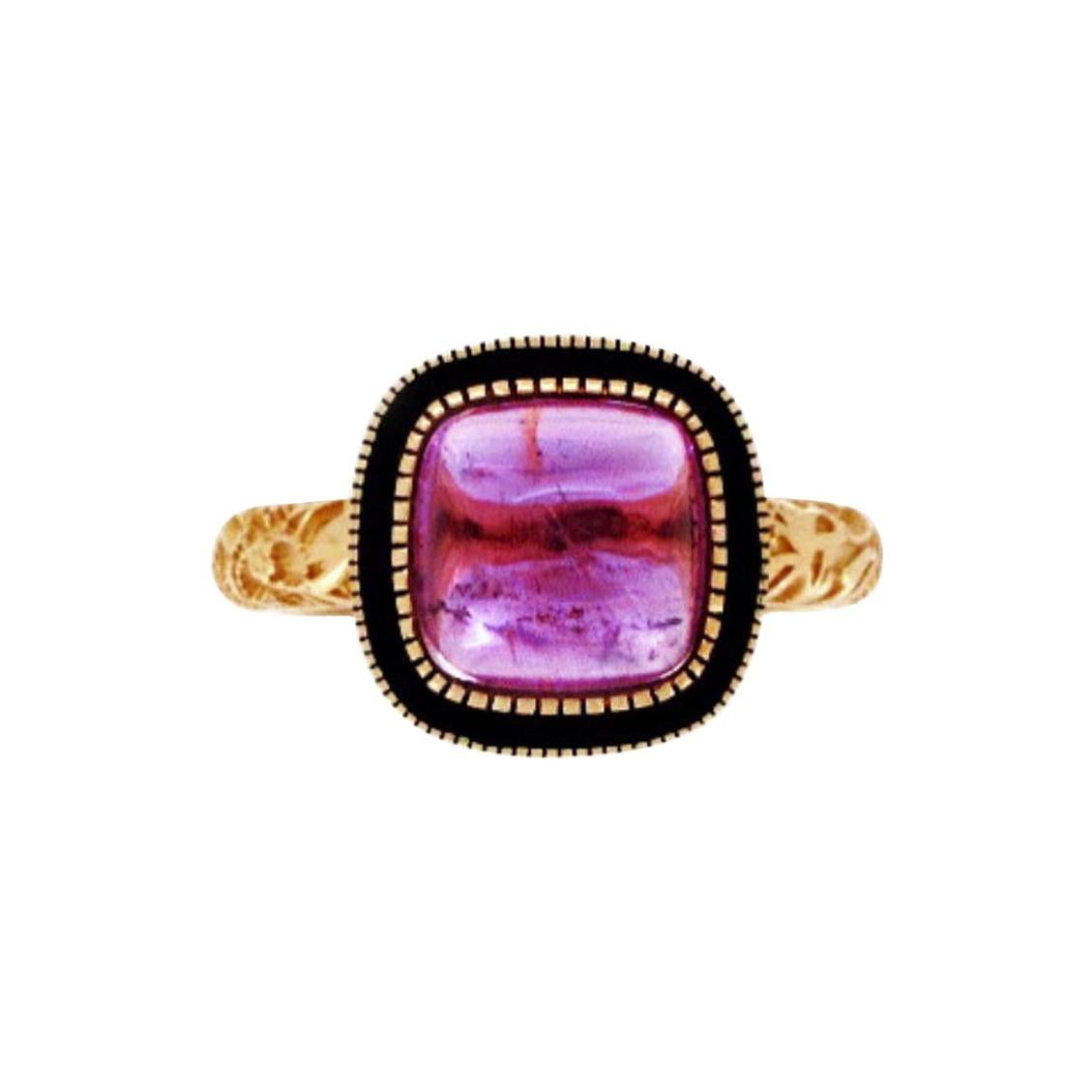 Luca Jouel Ornate Pink Tourmaline Cabochon Deco Style Ring in Yellow Gold For Sale