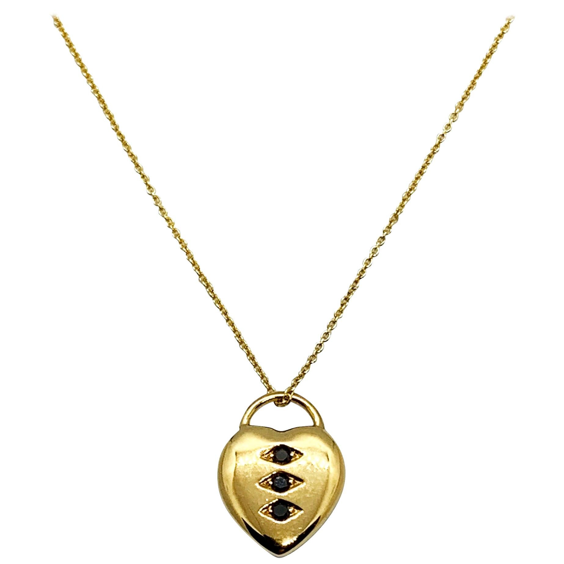 Luca Jouel Petite Black Diamond Heart Necklace in Yellow Gold For Sale