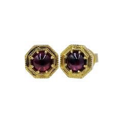 Luca Jouel Rhodolite Garnet Cabochon Deco Style Stud Earrings in Yellow Gold