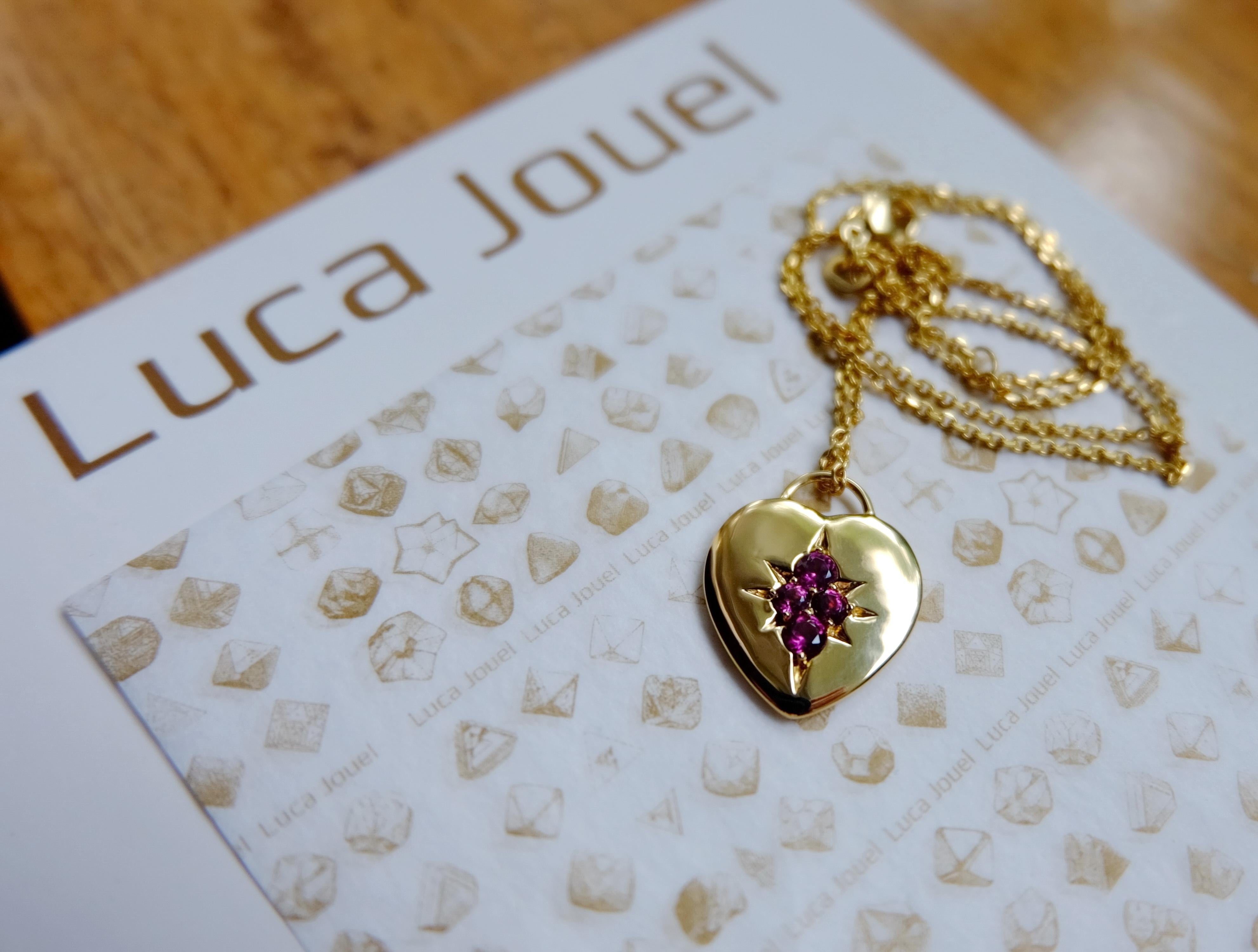 Contemporary Luca Jouel Rhodolite Garnet Starr Motif Heart Necklace in Yellow Gold For Sale