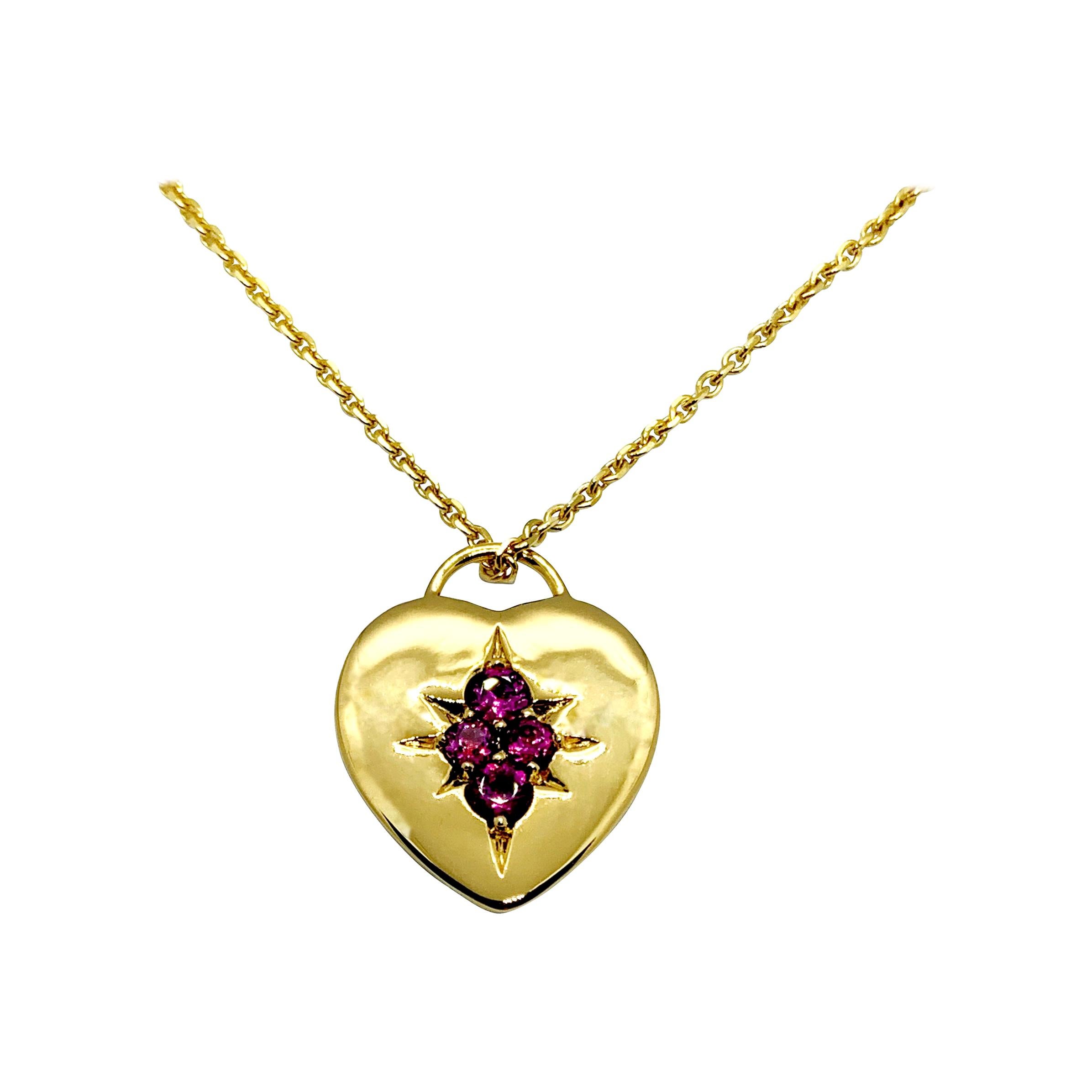 Luca Jouel Rhodolite Garnet Starr Motif Heart Necklace in Yellow Gold For Sale