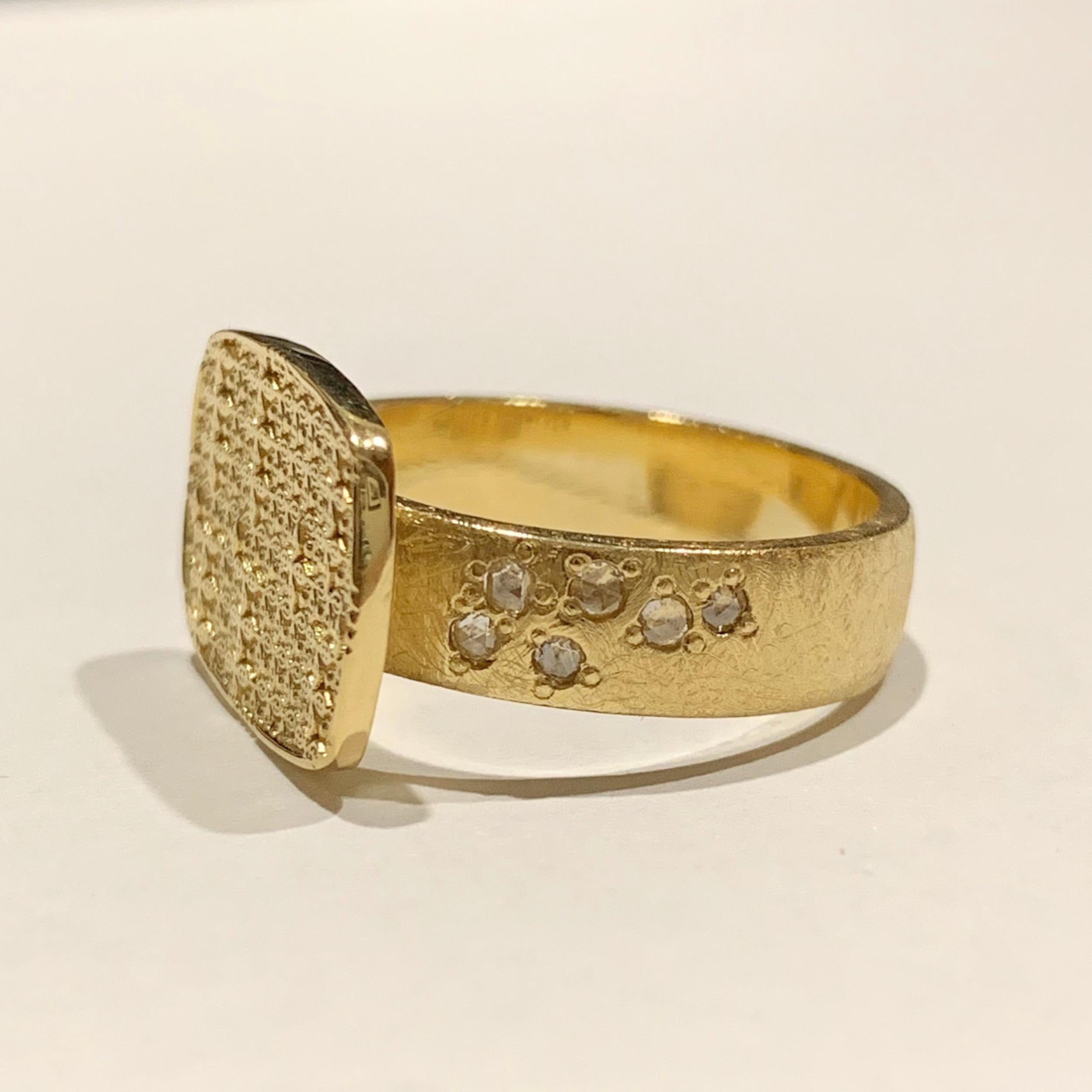 Contemporary Luca Jouel Rose Cut Diamond Antique Patterned Statement Ring in 18 Carat Gold For Sale