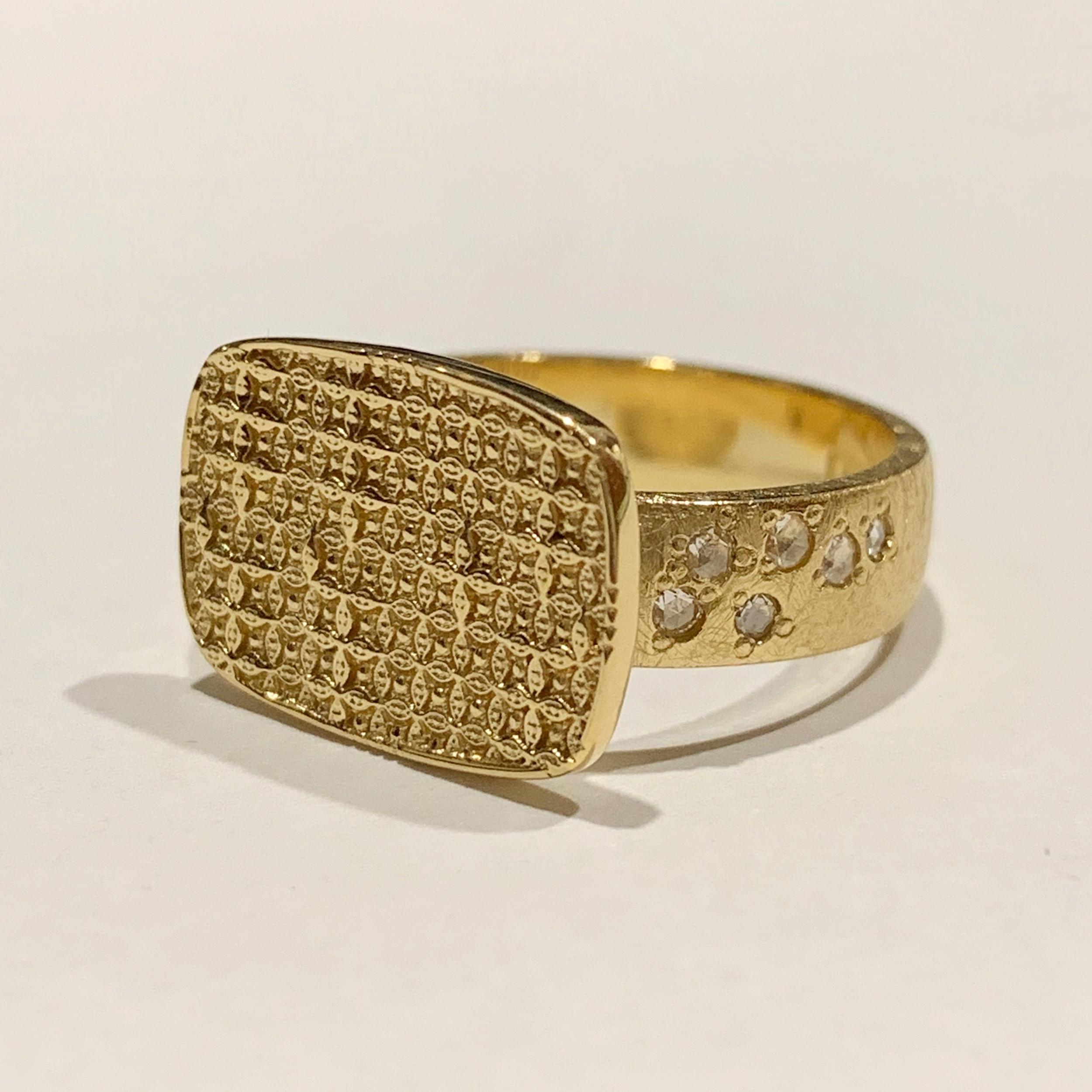 Women's or Men's Luca Jouel Rose Cut Diamond Antique Patterned Statement Ring in 18 Carat Gold For Sale