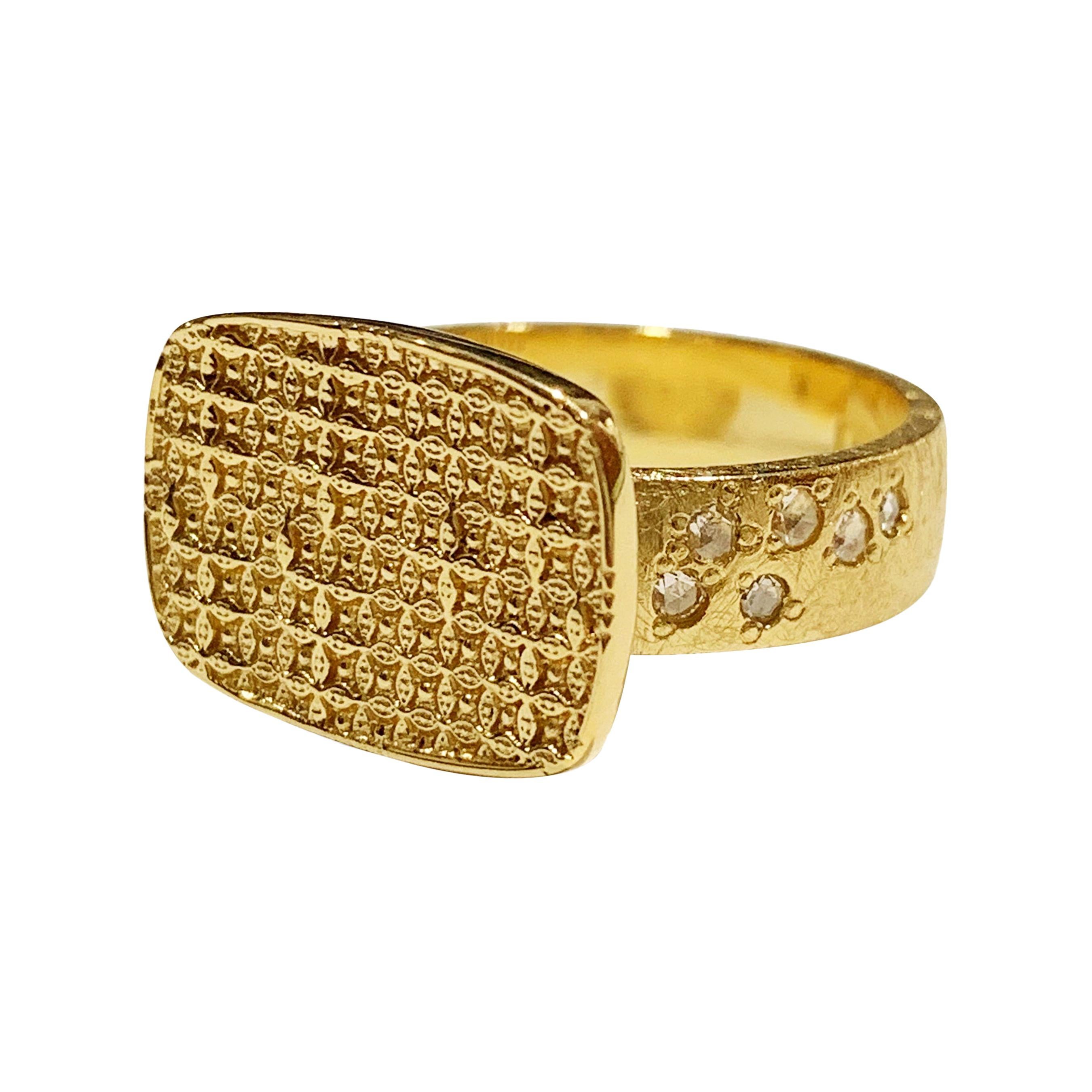 Luca Jouel Rose Cut Diamond Antique Patterned Statement Ring in 18 Carat Gold For Sale