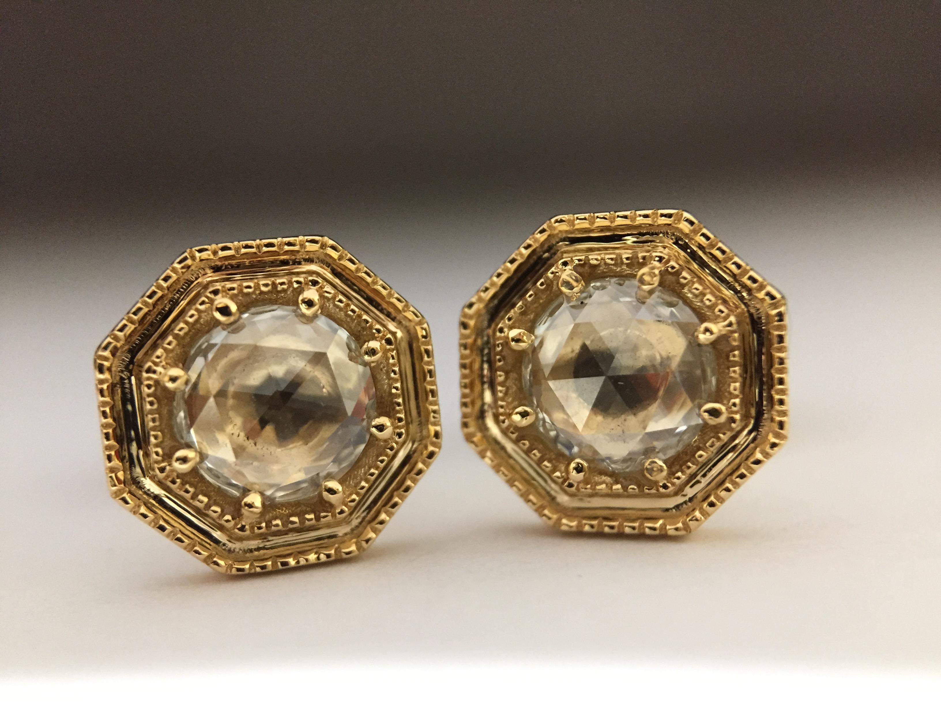 Luca Jouel Rose Cut Diamond Deco Style Stud Earrings in Yellow Gold In New Condition For Sale In South Perth, AU