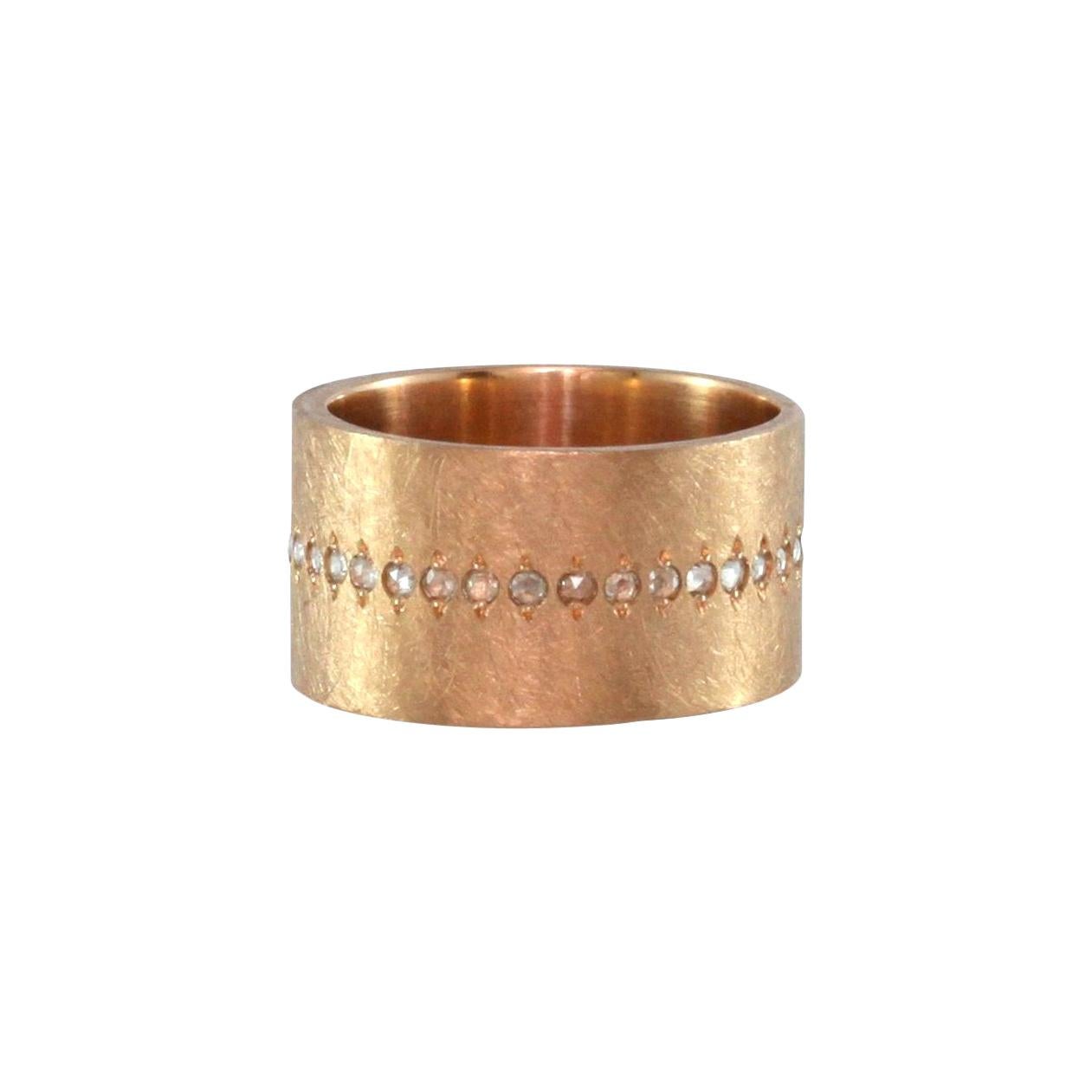 Luca Jouel Rose Cut Diamond Wide Band Ring in 18 Carat Rose Gold For Sale