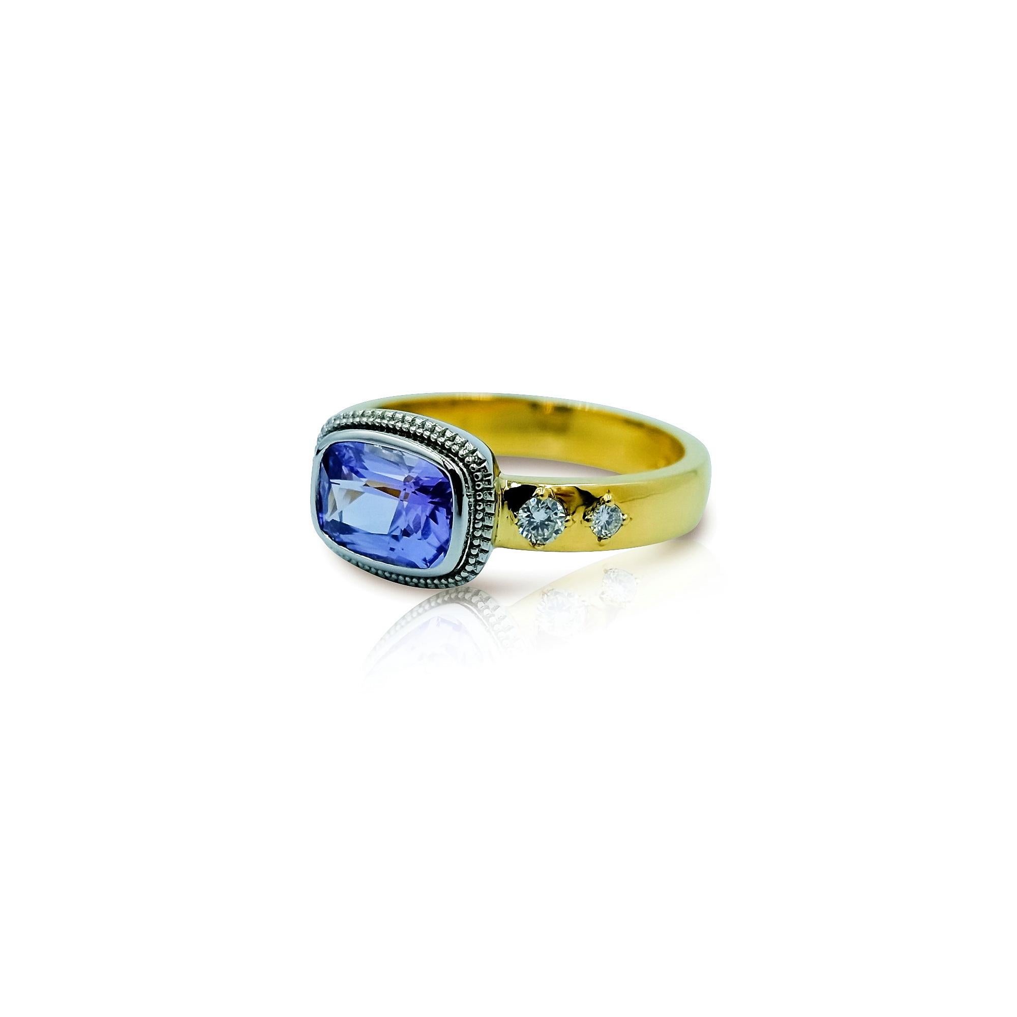 Cushion Cut Luca Jouel Violet Sapphire and Diamond Ring in Platinum and Yellow Gold