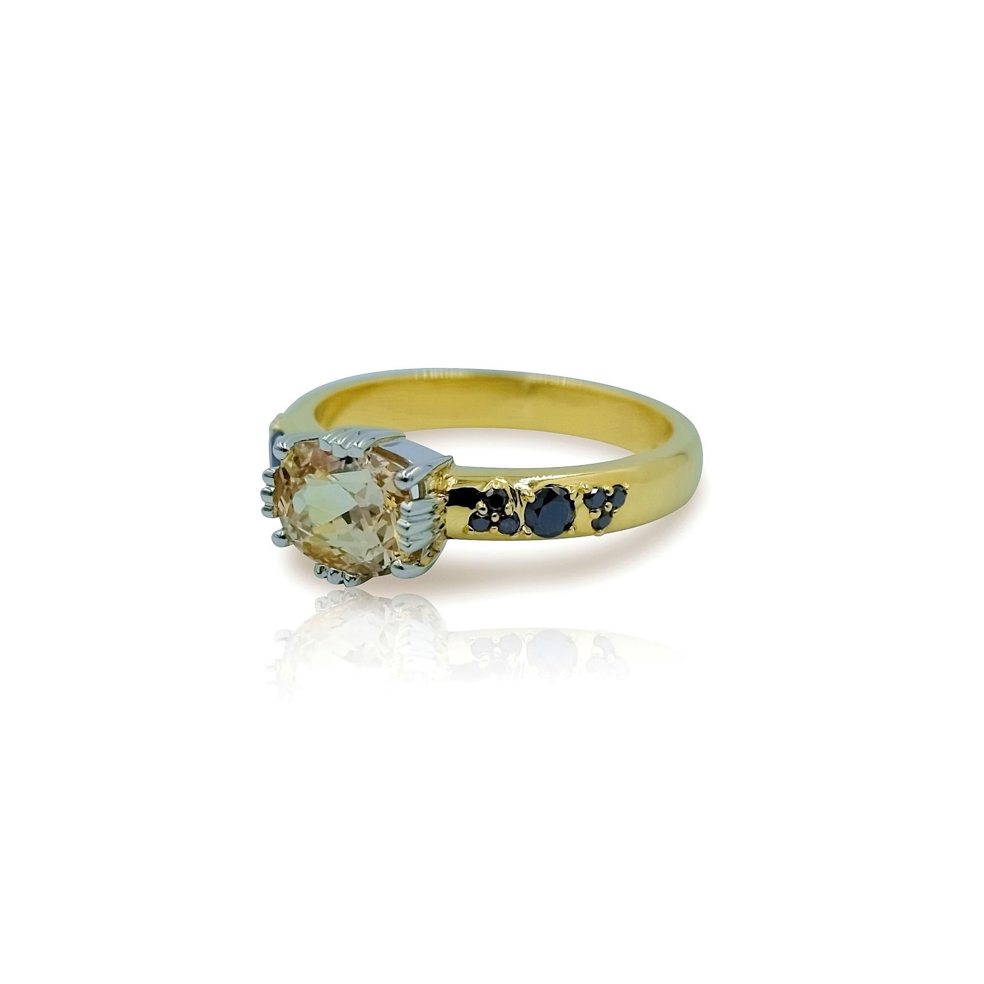 Contemporary Luca Jouel Yellow Gold and Platinum Sapphire and Black Diamond Ring For Sale