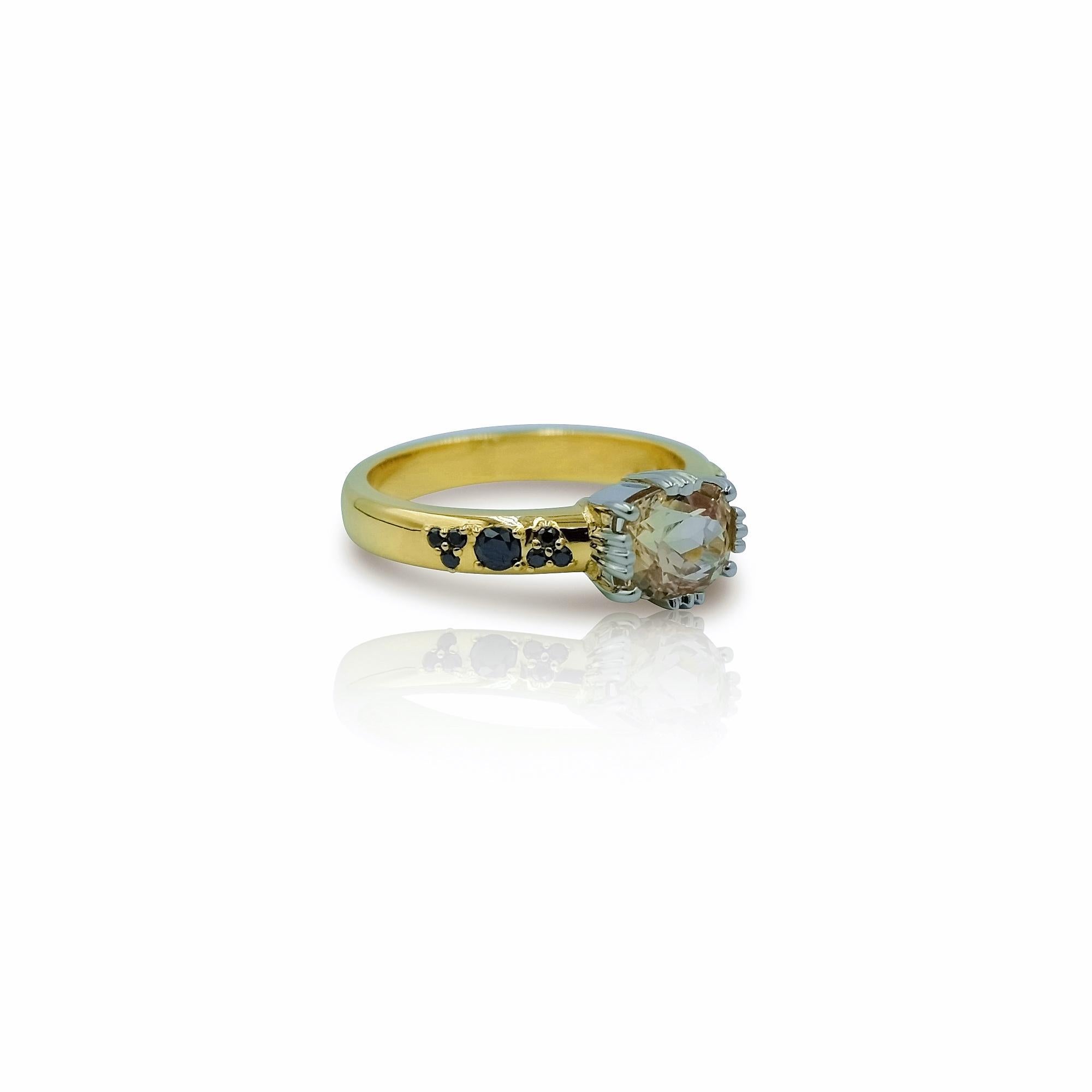 Oval Cut Luca Jouel Yellow Gold and Platinum Sapphire and Black Diamond Ring For Sale
