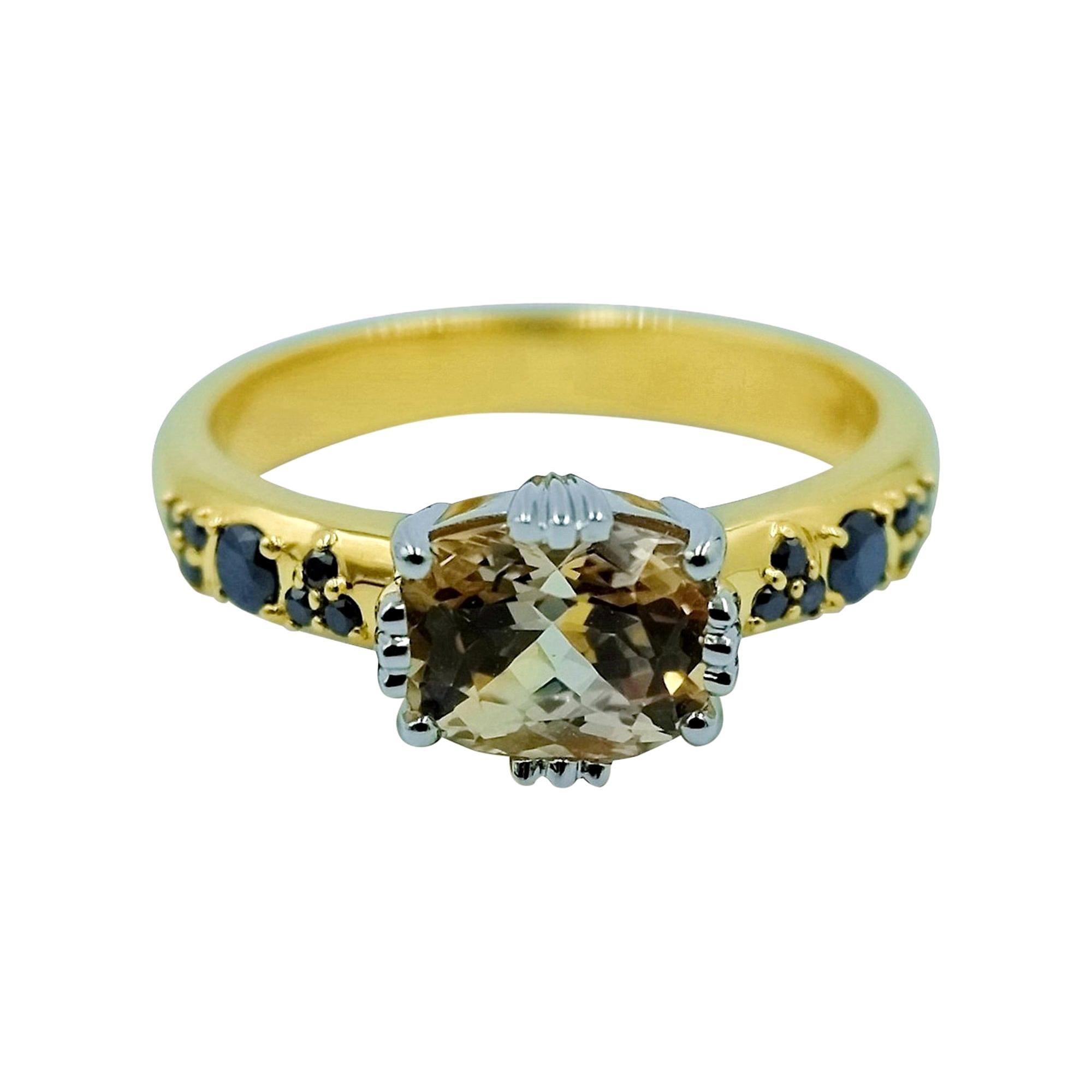 Luca Jouel Yellow Gold and Platinum Sapphire and Black Diamond Ring For Sale