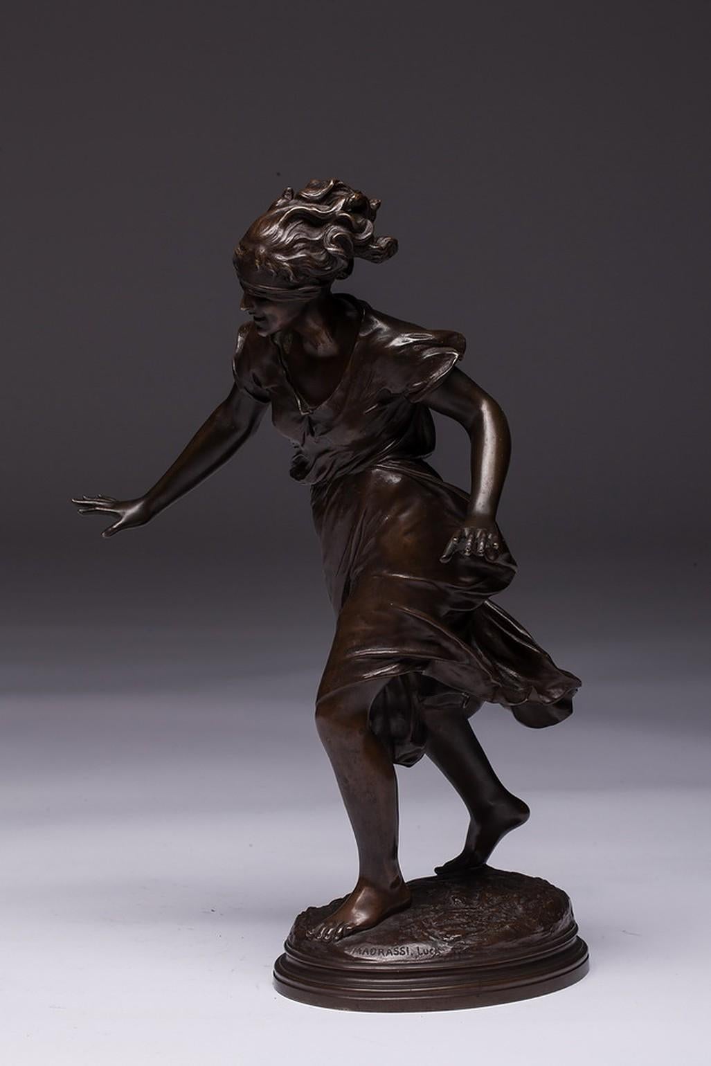 Luca Madrassi signed bronze sculpture inscribed 'L.MADRASSI.' Young woman is playing hide and seek. The woman's eyes are covered with a ligament. Very playful statue.
Luca Madrassi was an Italian-born French artist best known for his bronze Art