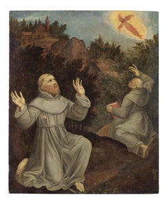 16th Century Luca Mombello the Ecstasy of Saint Francis Oil on a Panel Yellow