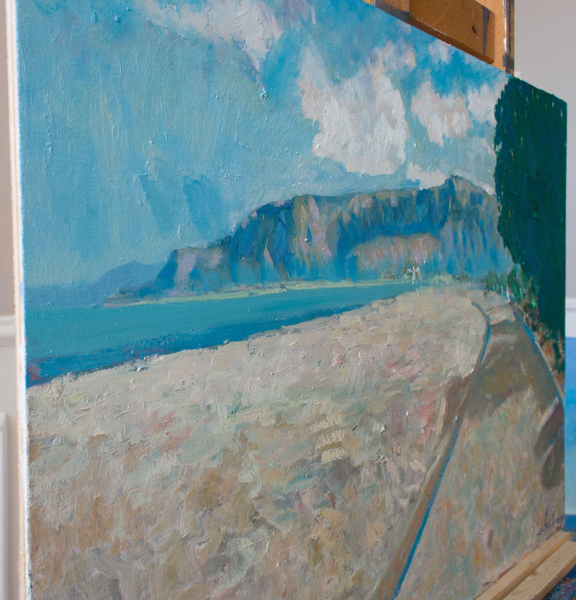 Painting the light on beach and sea that comes in the middle of a sunny afternoon.    The work is an original landscape painting, an oil handmade on canvas. This series of paintings is the result of over 13 years of studying landscapes from life.