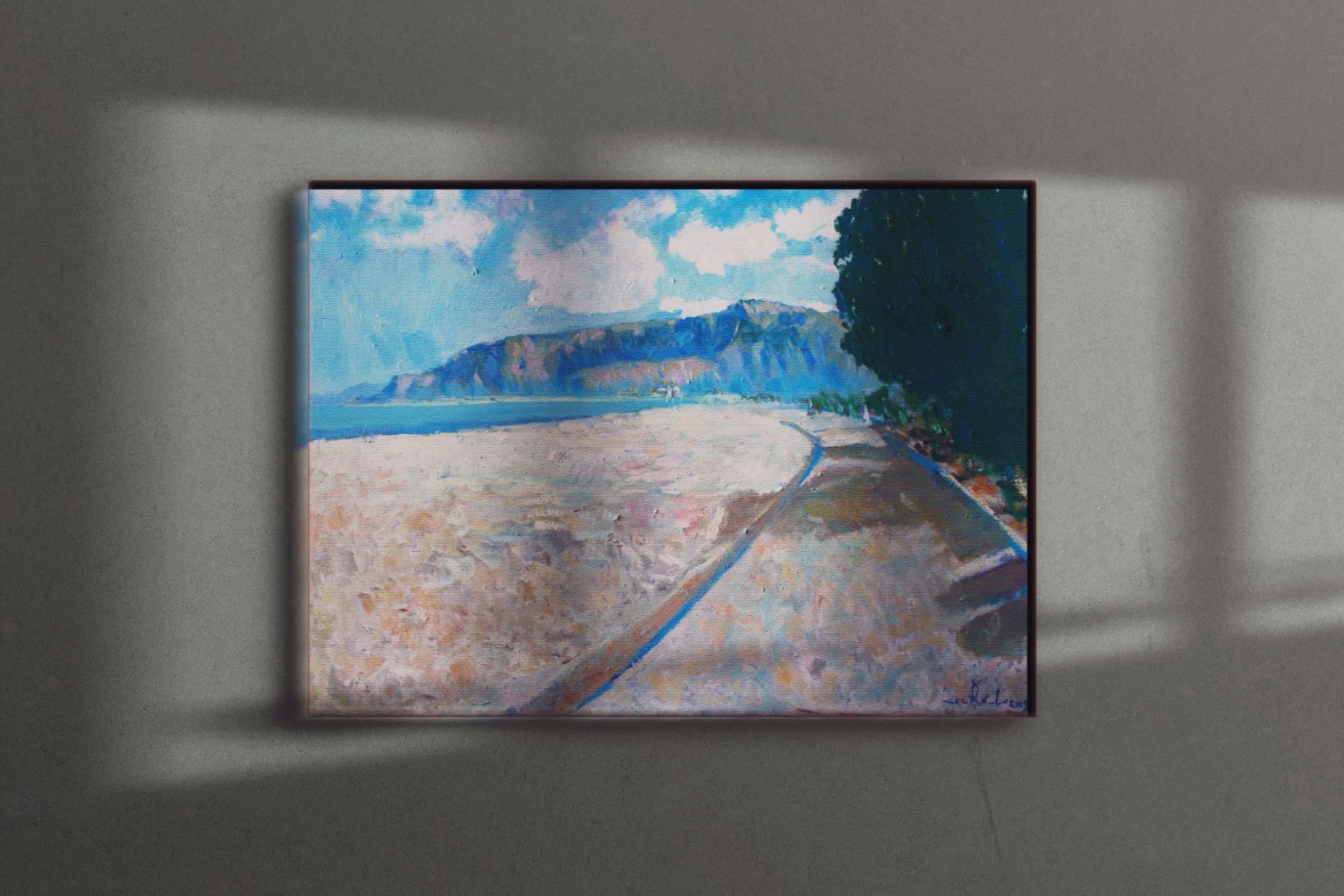 Mondello beach at evening, Painting, Oil on Wood Panel 2
