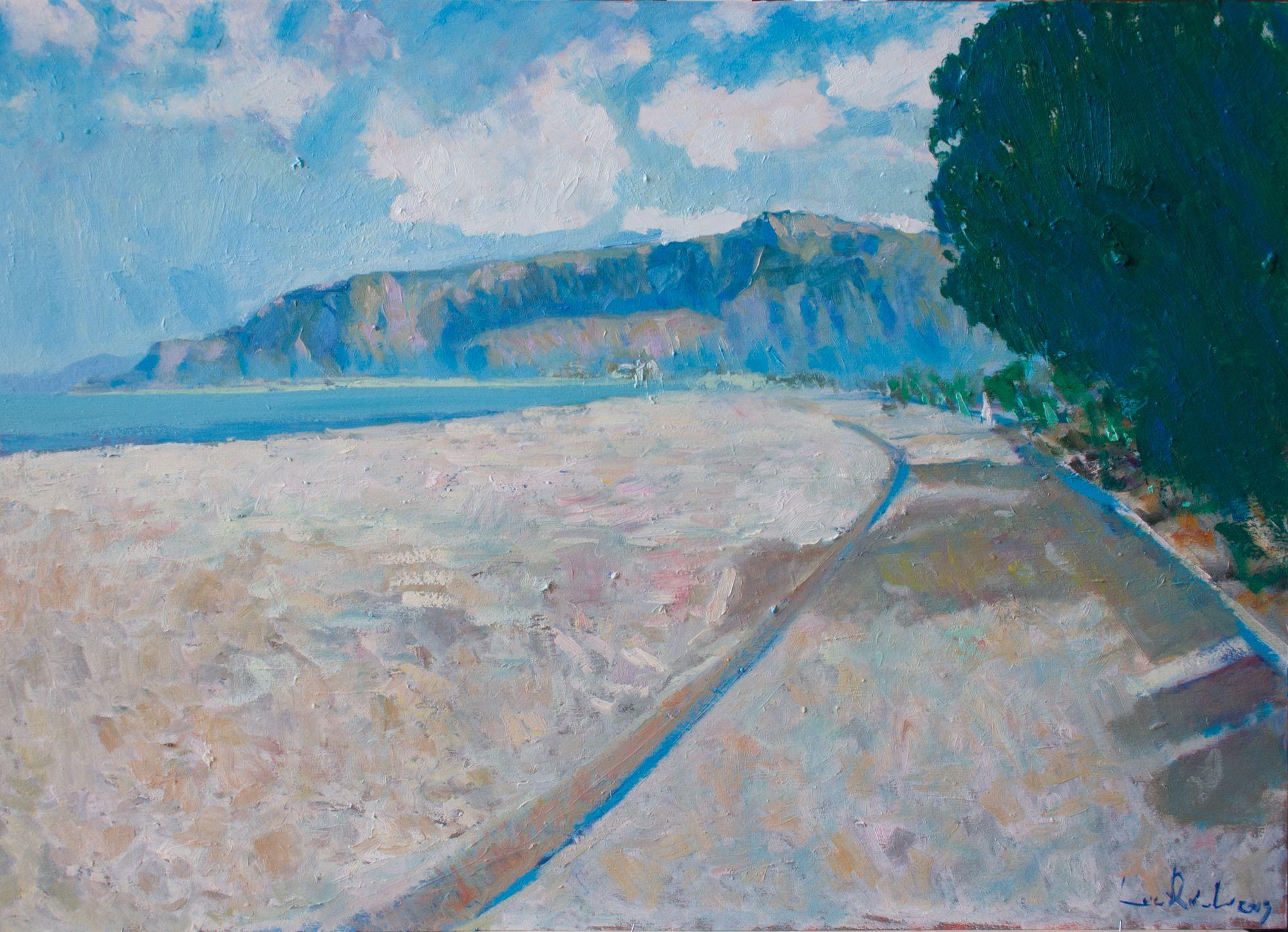 luca raimondi Landscape Painting - Mondello beach at evening, Painting, Oil on Wood Panel