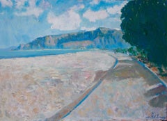 Mondello beach at evening, Painting, Oil on Wood Panel