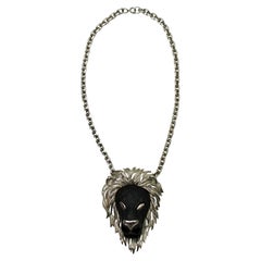 Luca Razza Black Lion Head Statement Pendant Necklace circa 1970s