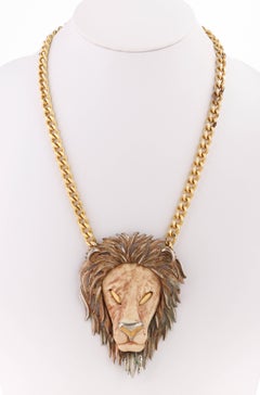 LUCA RAZZA c.1970's Large Gold Leo Lion Head Zodiac Pendant Statement Necklace