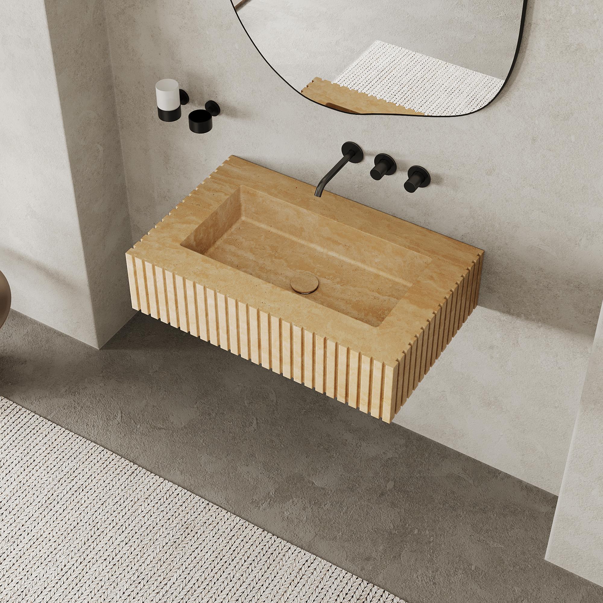 Hand-Crafted Luca - Ribbed Marble Basin - Beige Travertine - Large For Sale