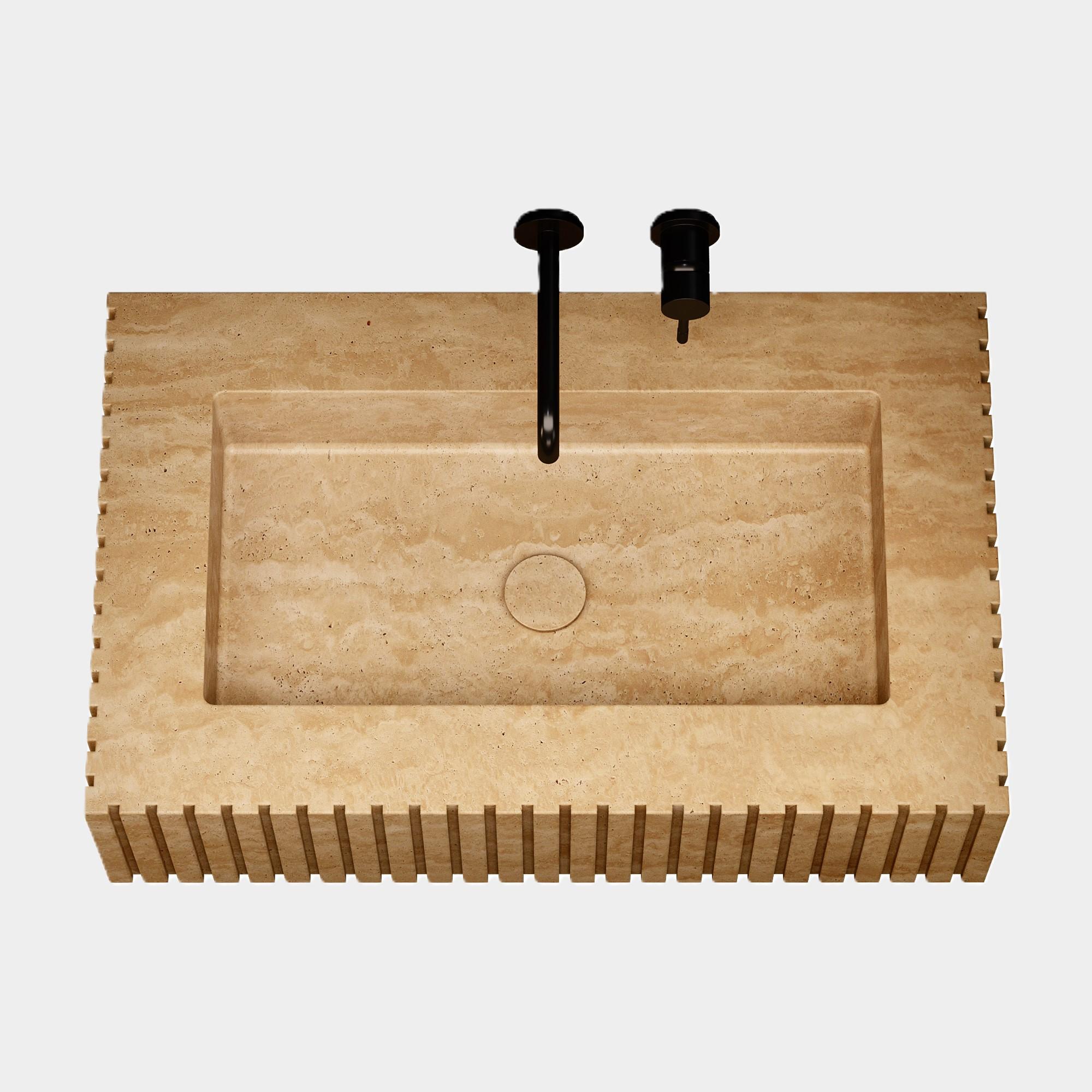 Scandinavian Modern Luca - Ribbed Marble Basin - Beige Travertine - Medium For Sale