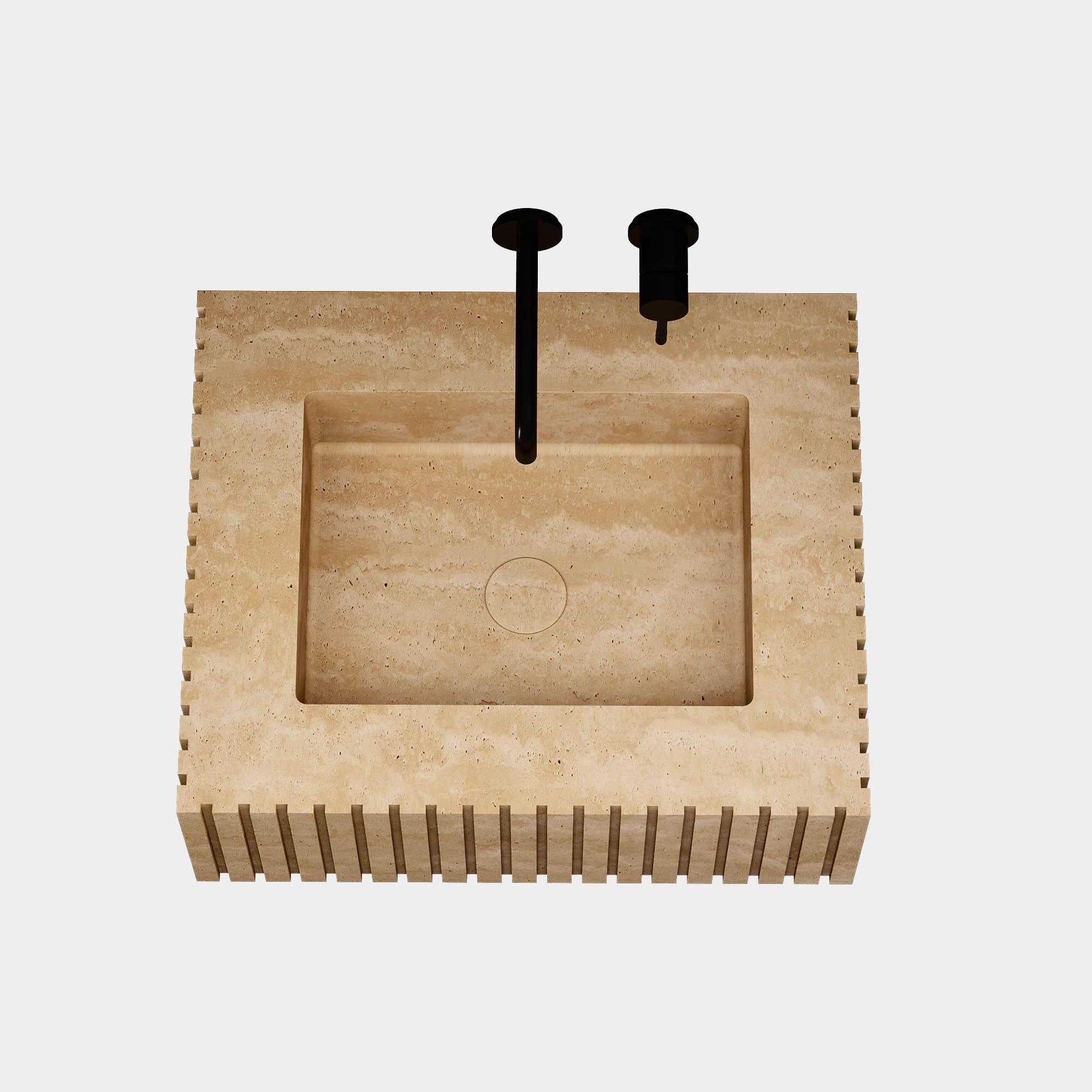 Scandinavian Modern Luca - Ribbed Marble Basin - Beige Travertine - Small For Sale