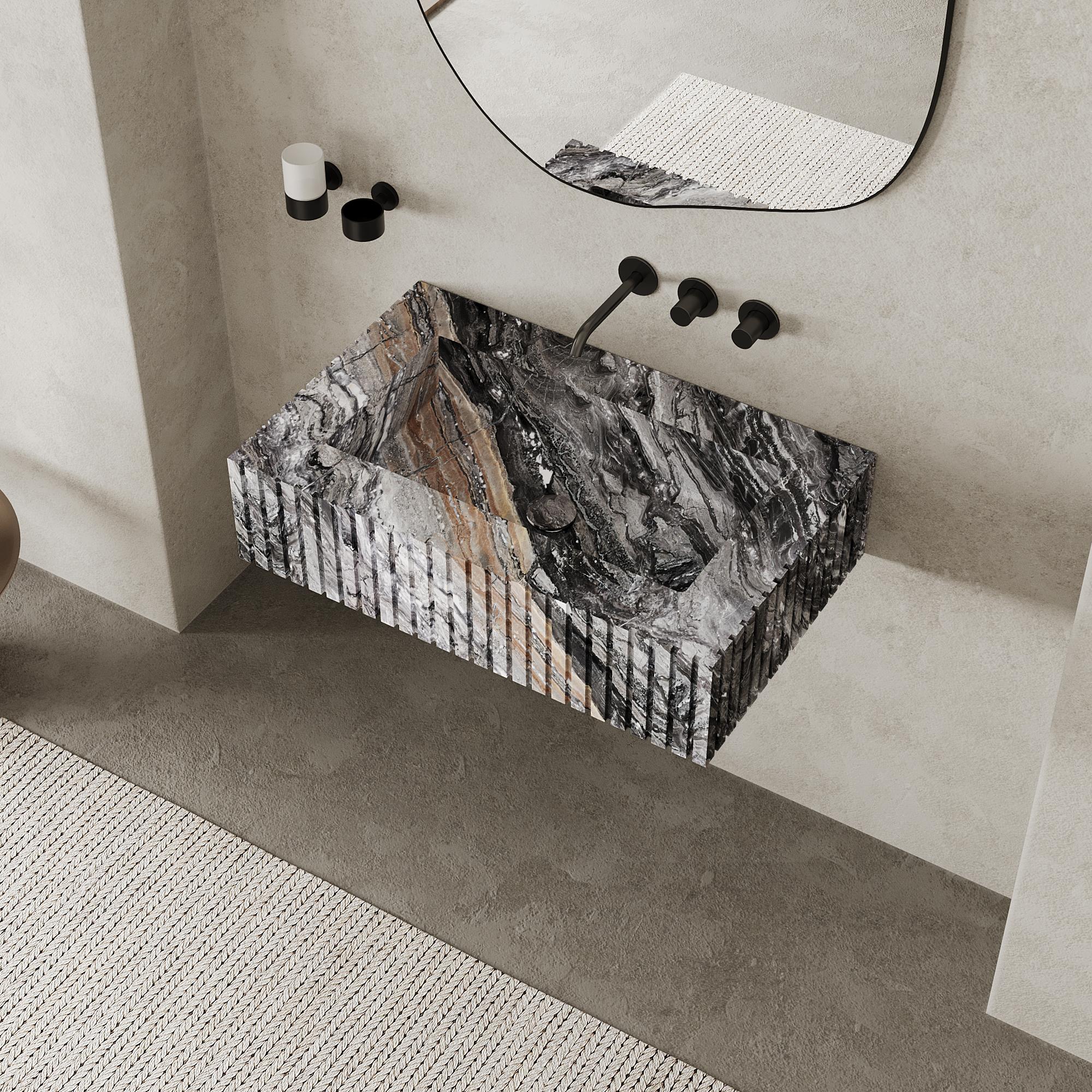 Hand-Crafted Luca - Ribbed Marble Basin - Grey Galaxy - Large For Sale