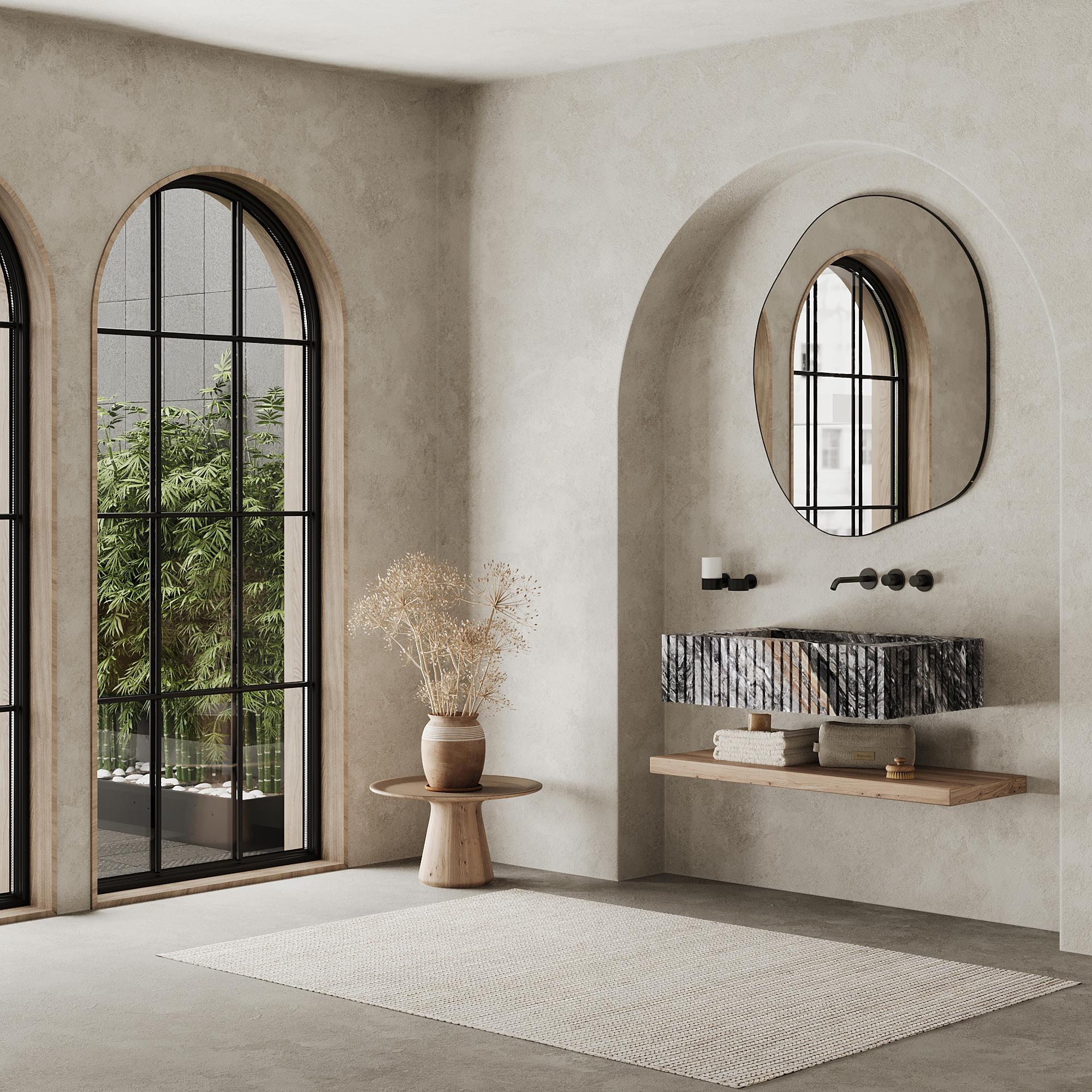Akzentuieren Sie Ihr Badezimmer mit unserem gerippten Marmorbecken, einer perfekten Verbindung von minimalistischem Design und natürlicher Eleganz. Die schönen gerippten Details sorgen für einen einzigartigen visuellen Reiz und heben die