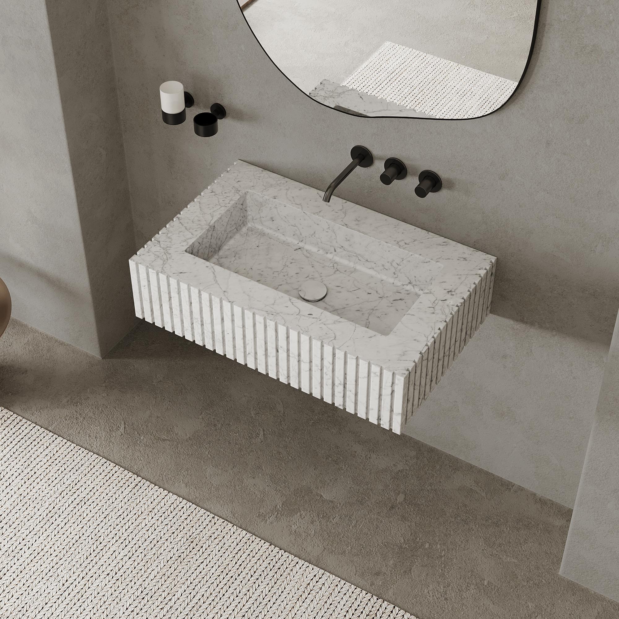 Fait main Basin en marbre côtelé Luca, blanc de Carrare, petit en vente