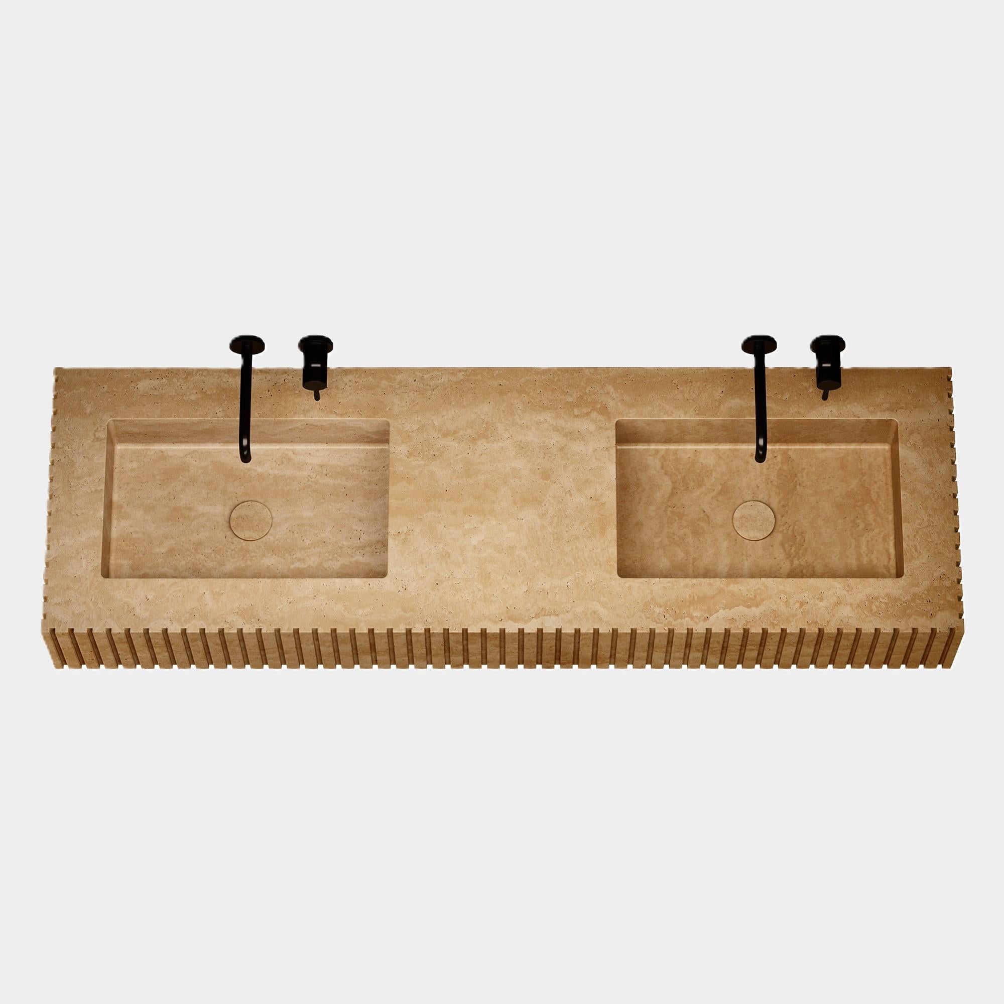 Scandinavian Modern Luca - Ribbed Marble Double Basin - Beige Travertine For Sale