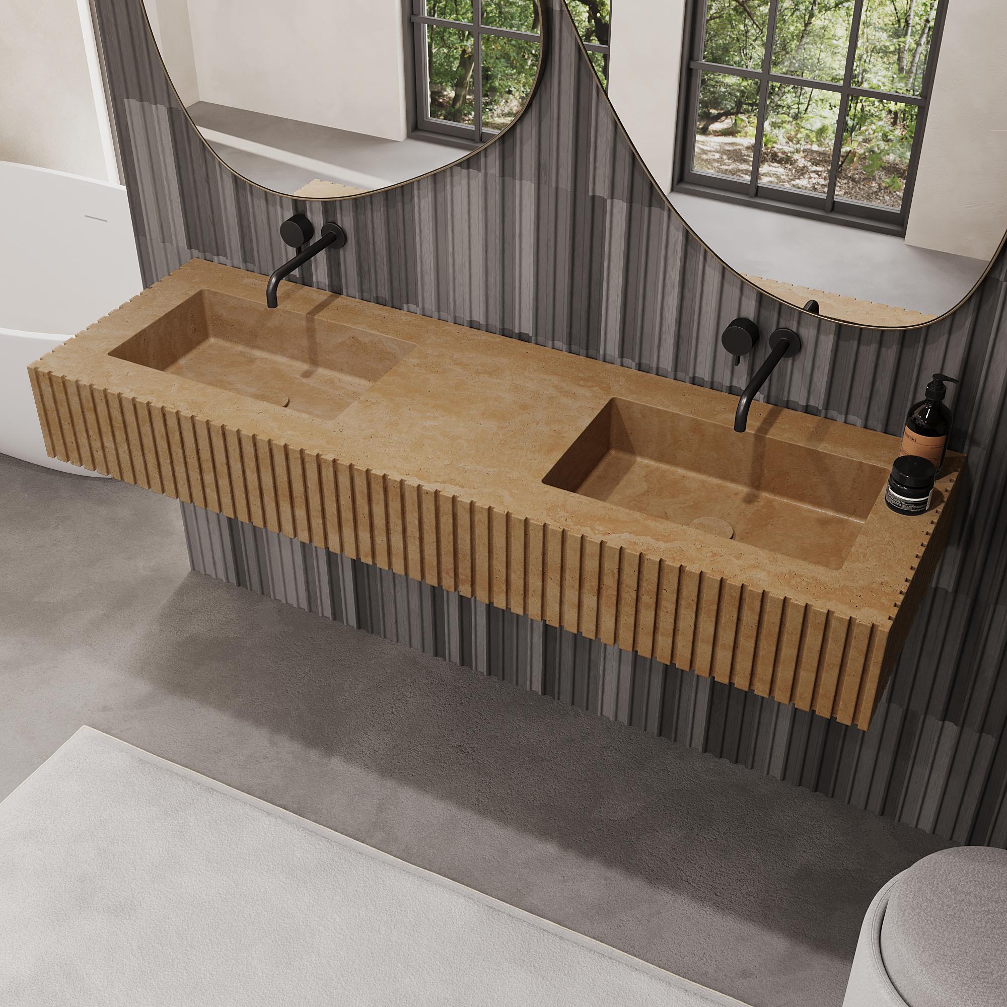 Hand-Crafted Luca - Ribbed Marble Double Basin - Beige Travertine For Sale