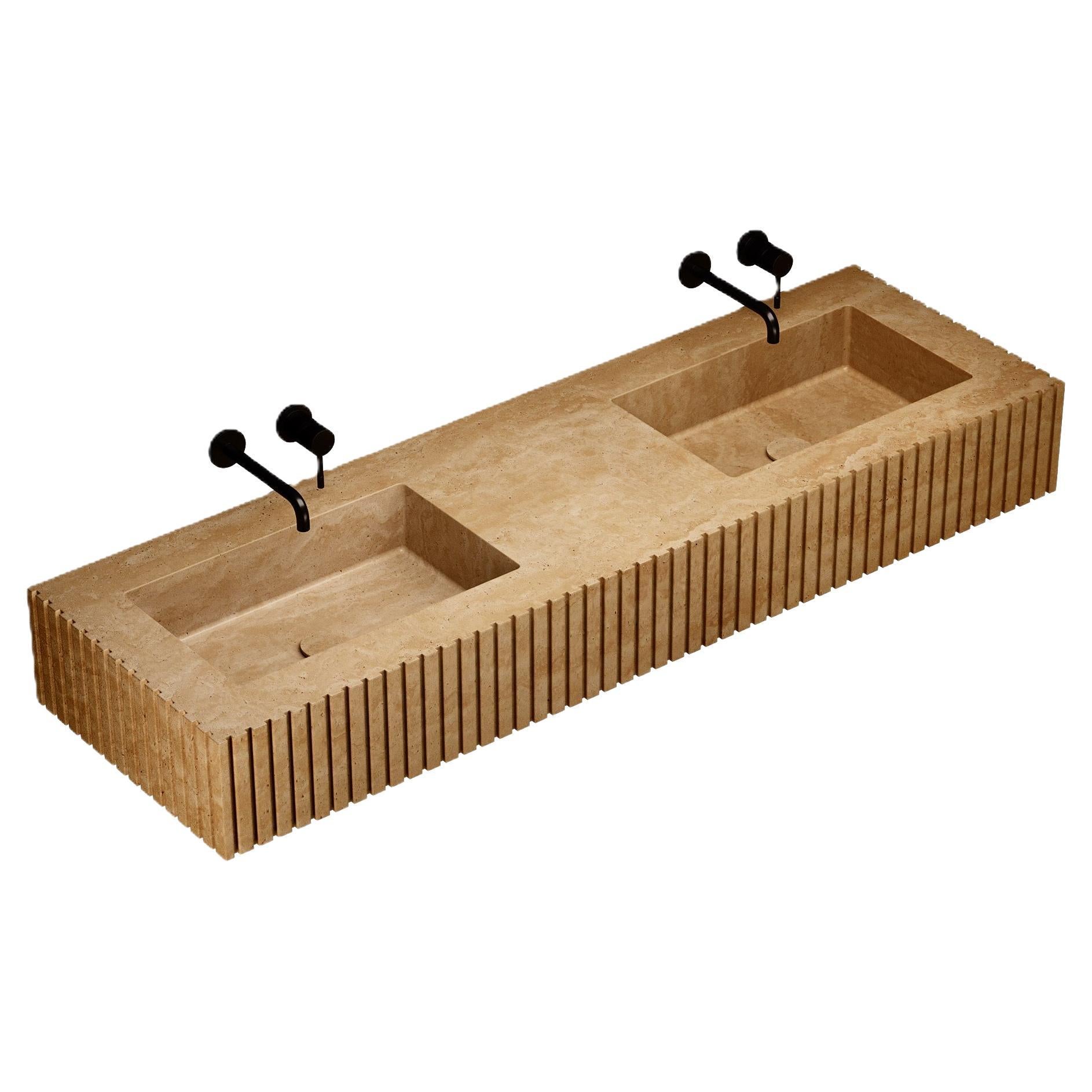 Luca - Ribbed Marble Double Basin - Beige Travertine For Sale