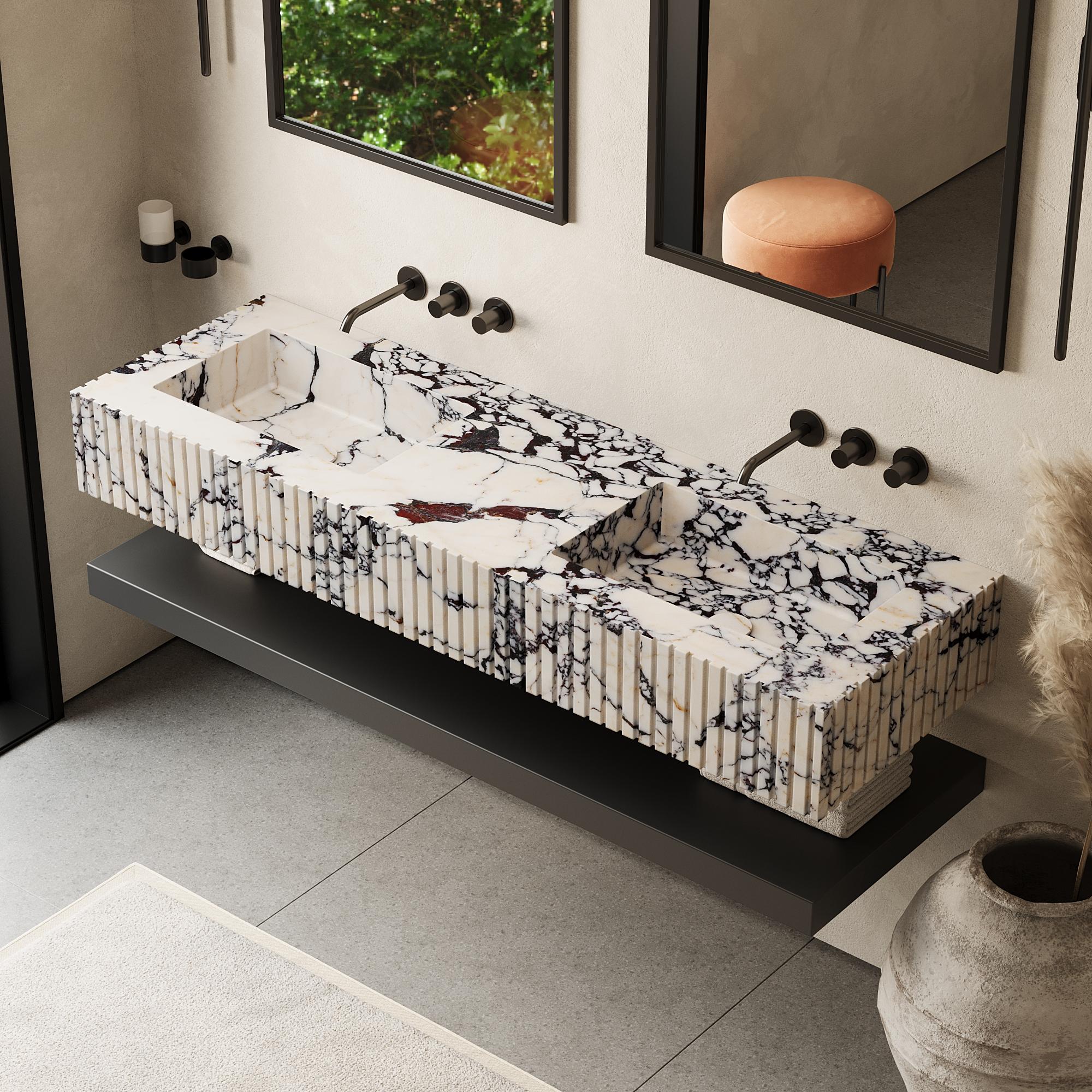 Hand-Crafted Luca - Ribbed Marble Double Basin - Calacatta Viola For Sale