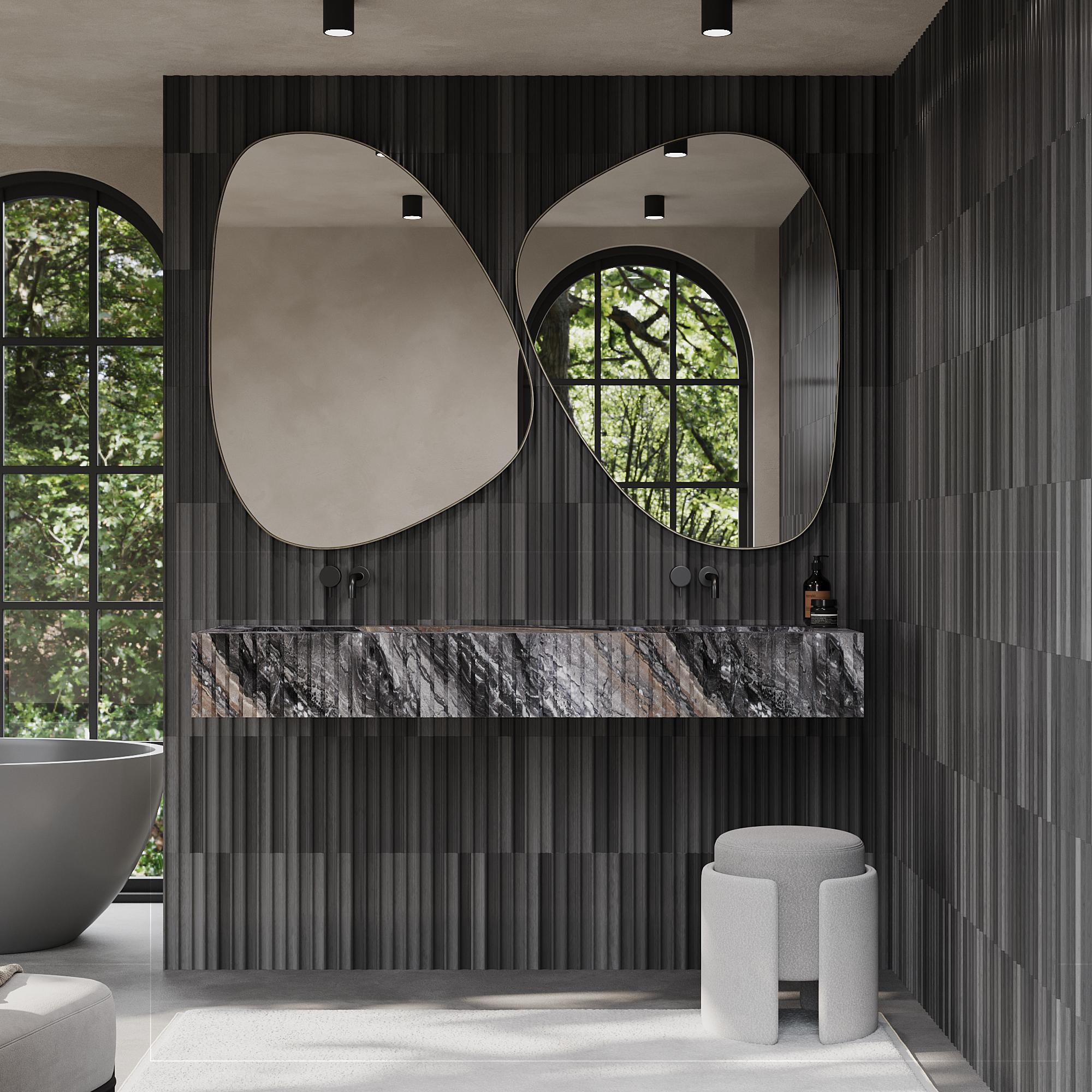 Akzentuieren Sie Ihr Badezimmer mit unserem Doppelwaschbecken aus geripptem Marmor, einer perfekten Verbindung von minimalistischem Design und natürlicher Eleganz. Die schönen gerippten Details sorgen für einen einzigartigen visuellen Reiz und heben