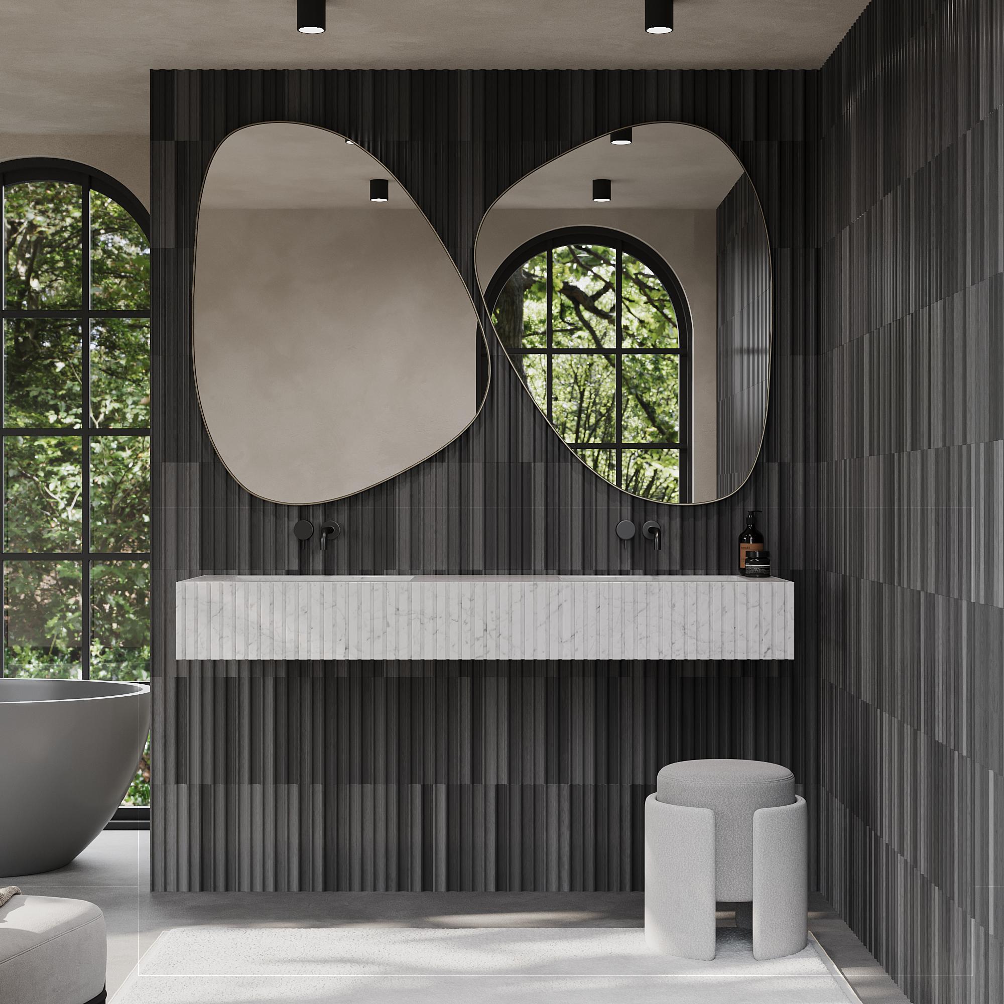 Eleganza per il tuo bagno con il nostro lavabo doppio in marmo nervato, una fusione perfetta tra design minimalista ed eleganza naturale. Gli splendidi dettagli a coste creano un fascino visivo unico e mettono in risalto le venature e la consistenza