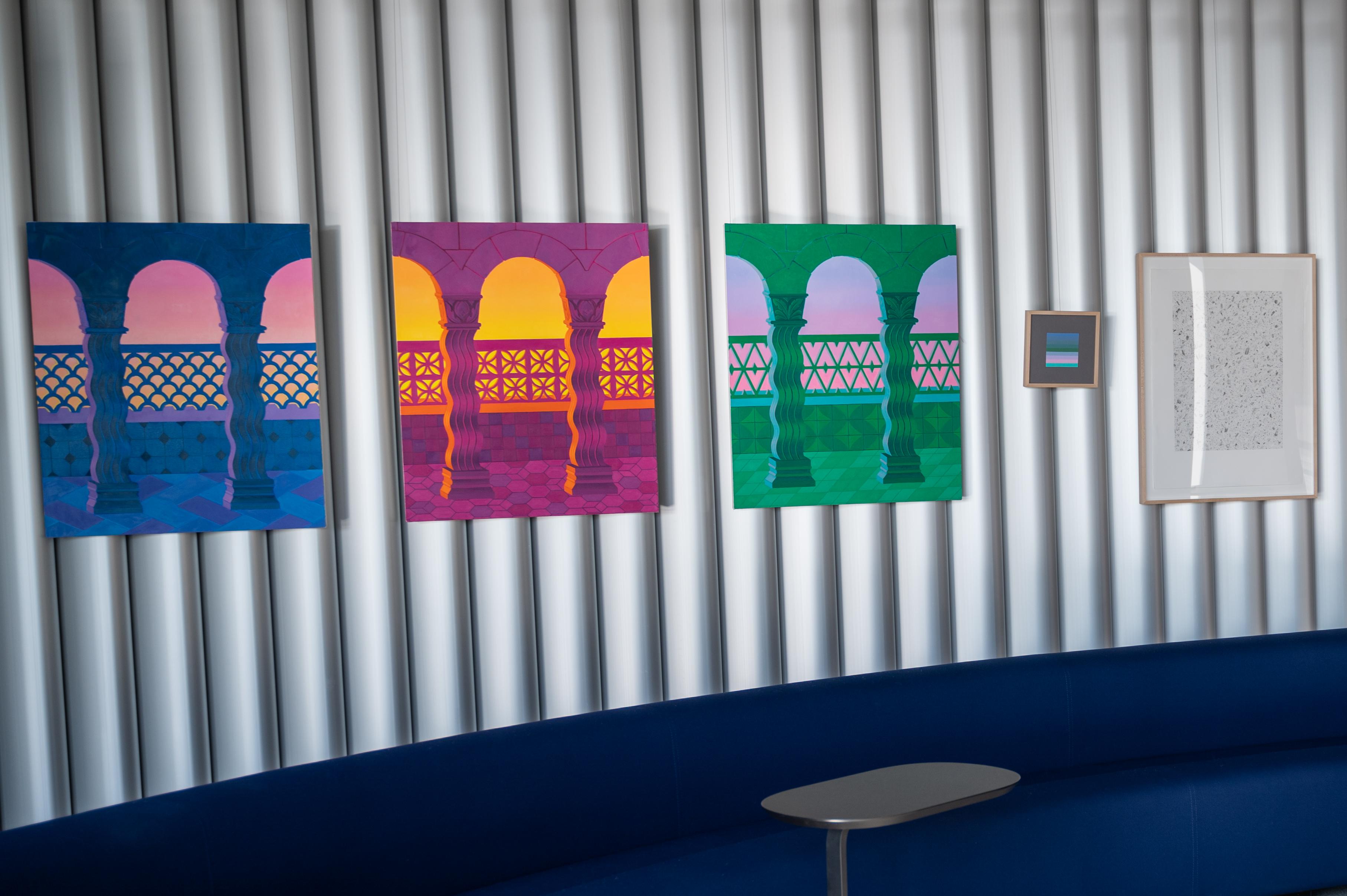 Ohne Titel (balcony III), 2022, farbenfrohes, abstraktes, architektonisches Gemälde im Angebot 6