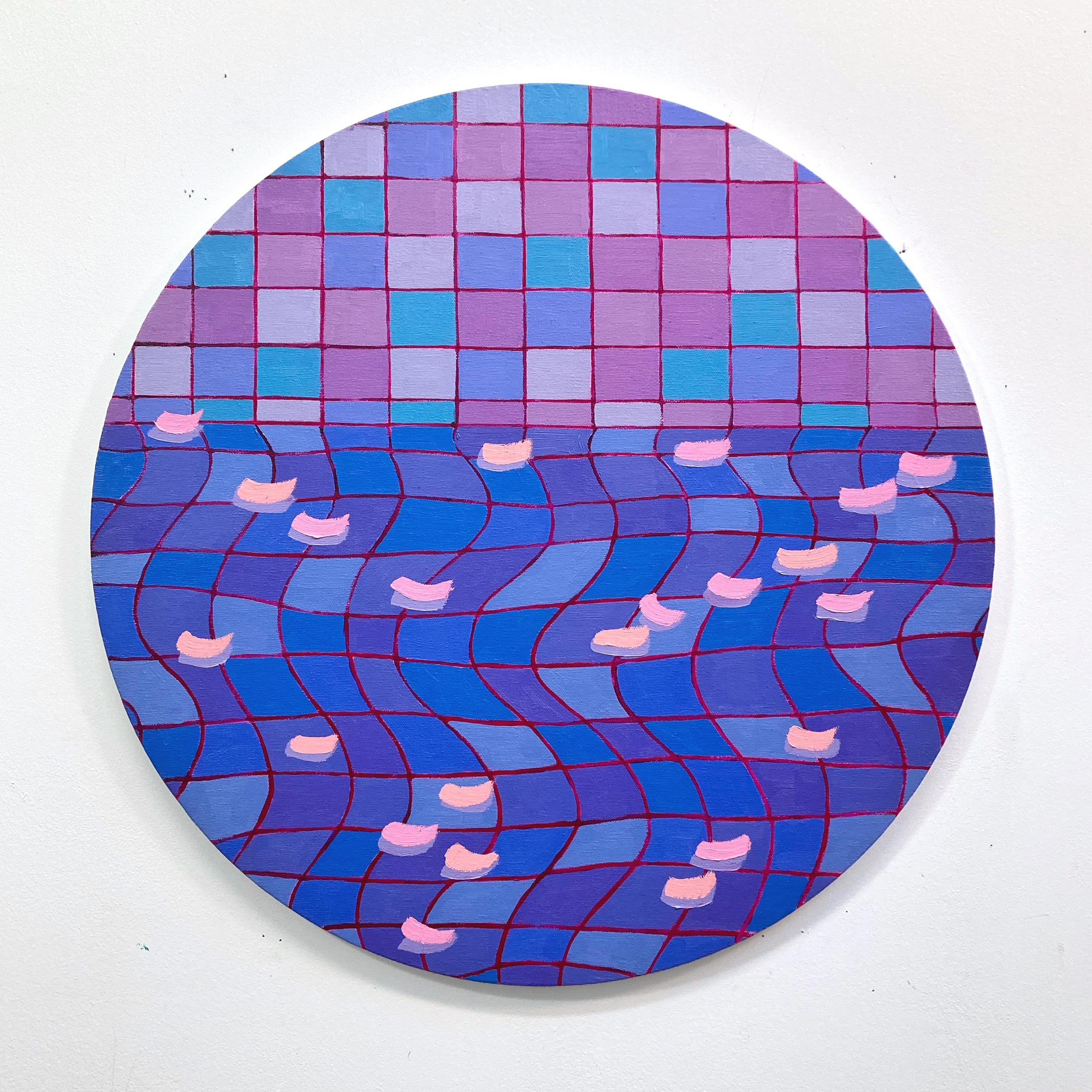Lucía Rodríguez Pérez Abstract Painting - Untitled (pool III), vibrant purple, colorful, abstract, geometric, oil tondo 