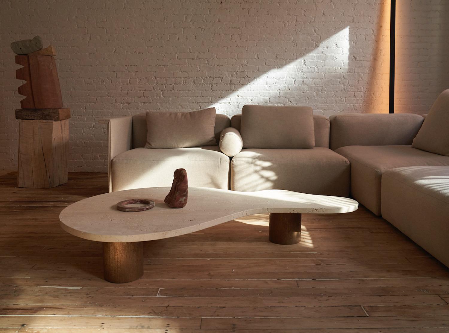 Luca Table - Large Travertine stone table with bronze embossed legs For Sale 4