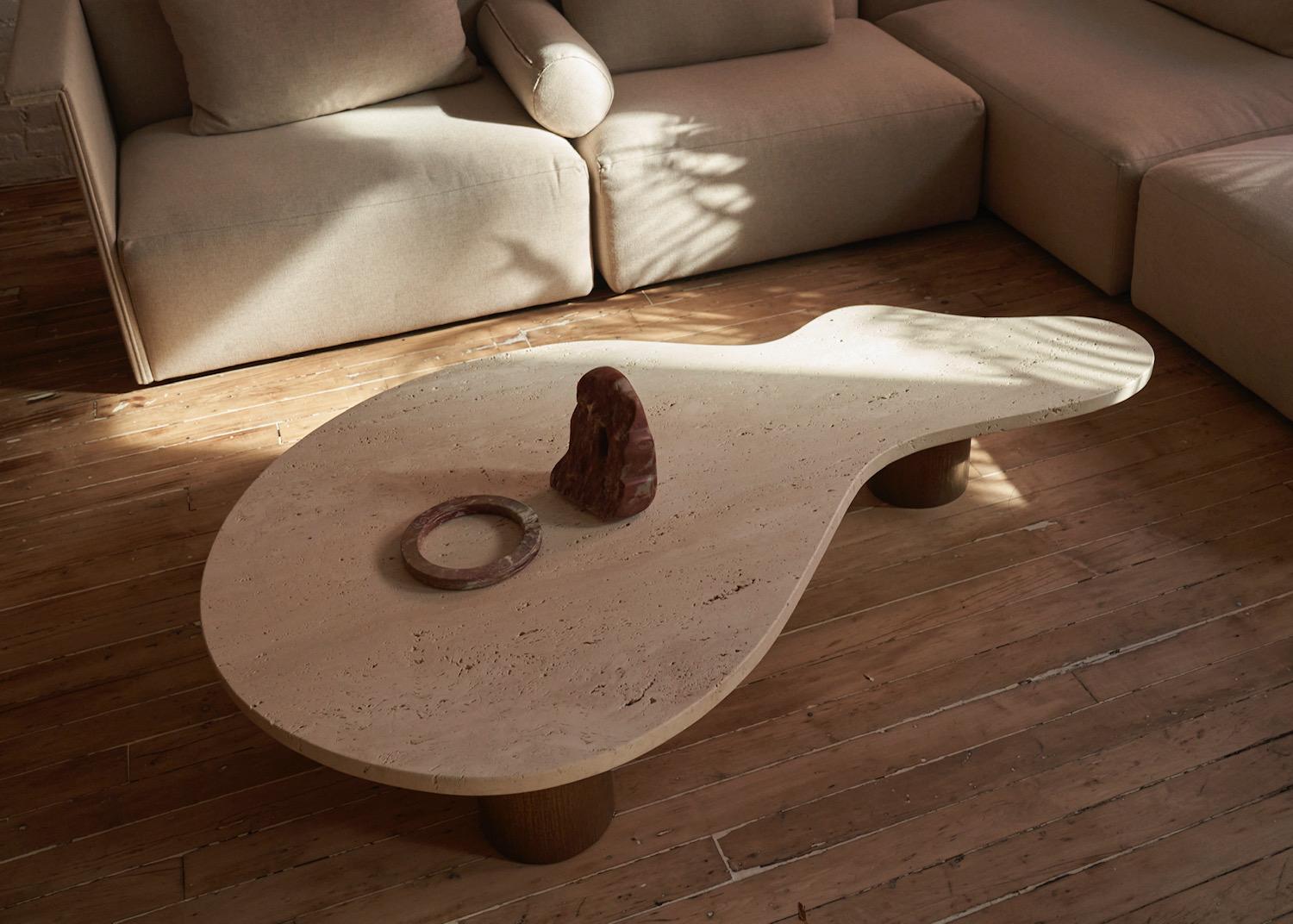 Luca Table - Large Travertine stone table with bronze embossed legs For Sale 5