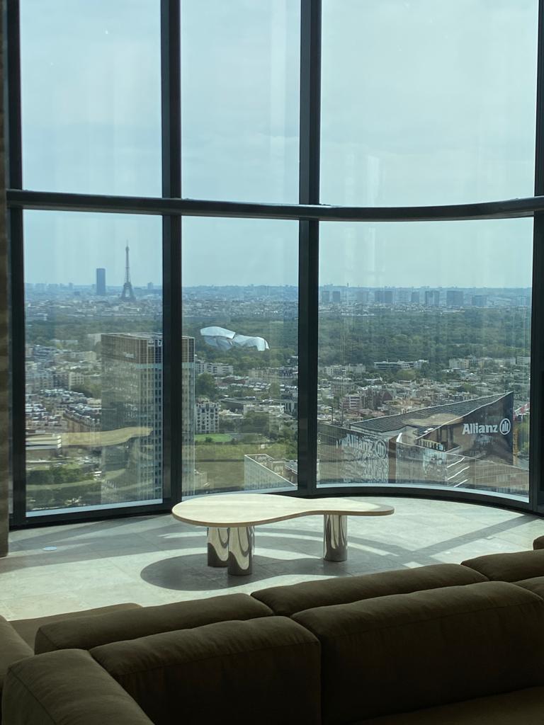 Modern Luca Table - Large Travertine stone table with bronze embossed legs For Sale