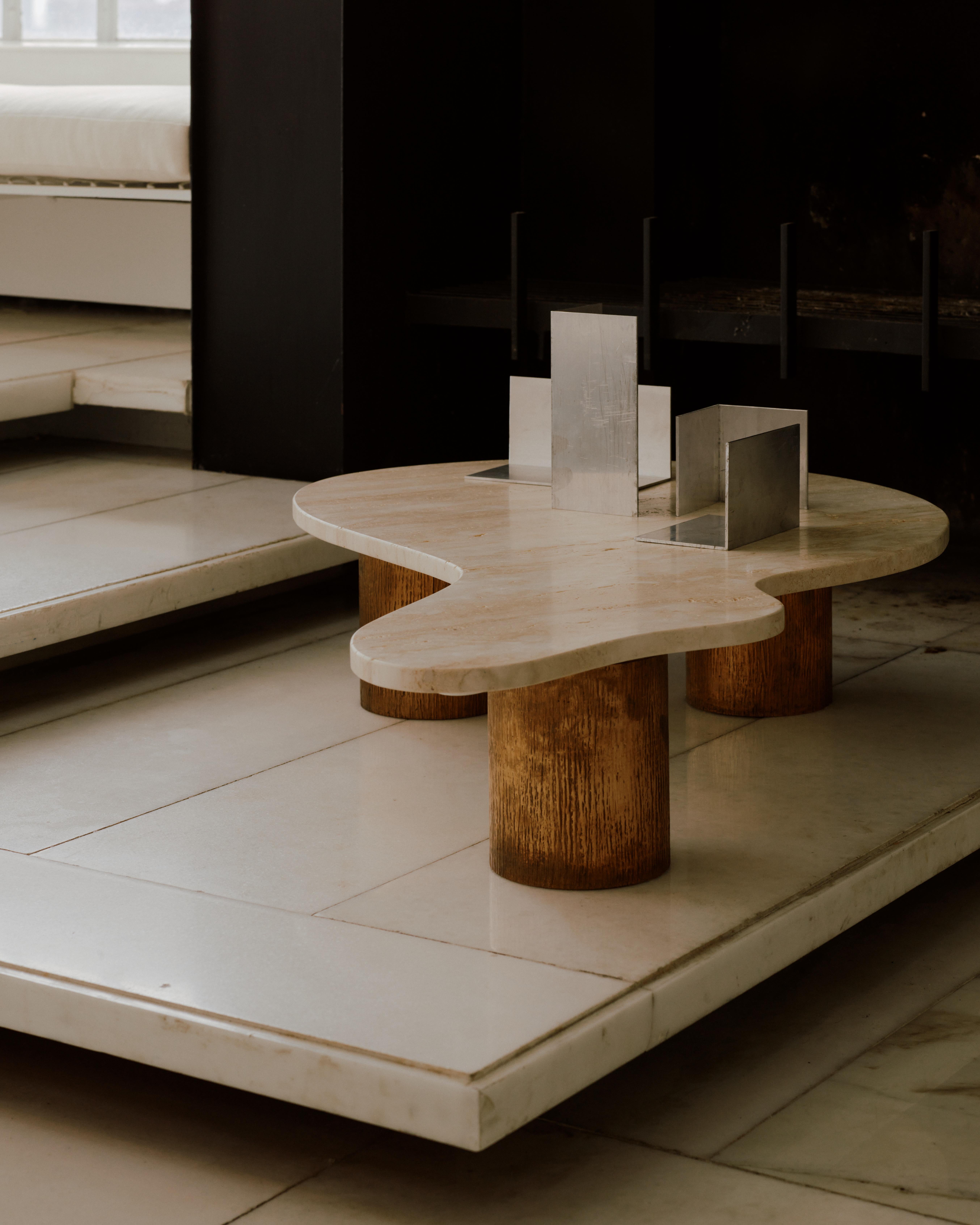 American Luca Table - Large Travertine stone table with bronze embossed legs For Sale